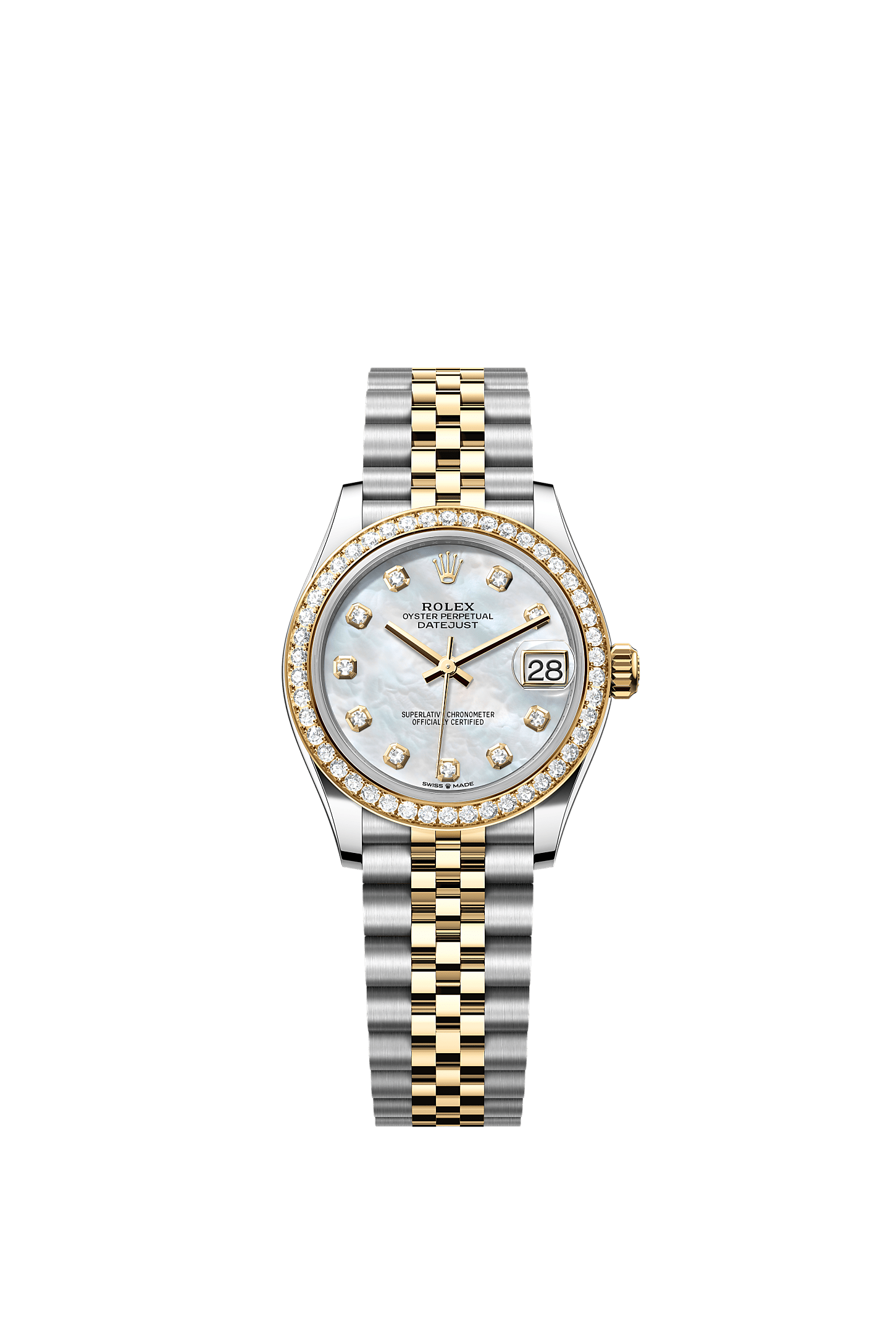 Datejust 31, Oyster, 31 มม., Oystersteel, ทองคำและเพชร, หน้าปัด : ไข่มุกขาวประดับด้วยเพชร, Rolex