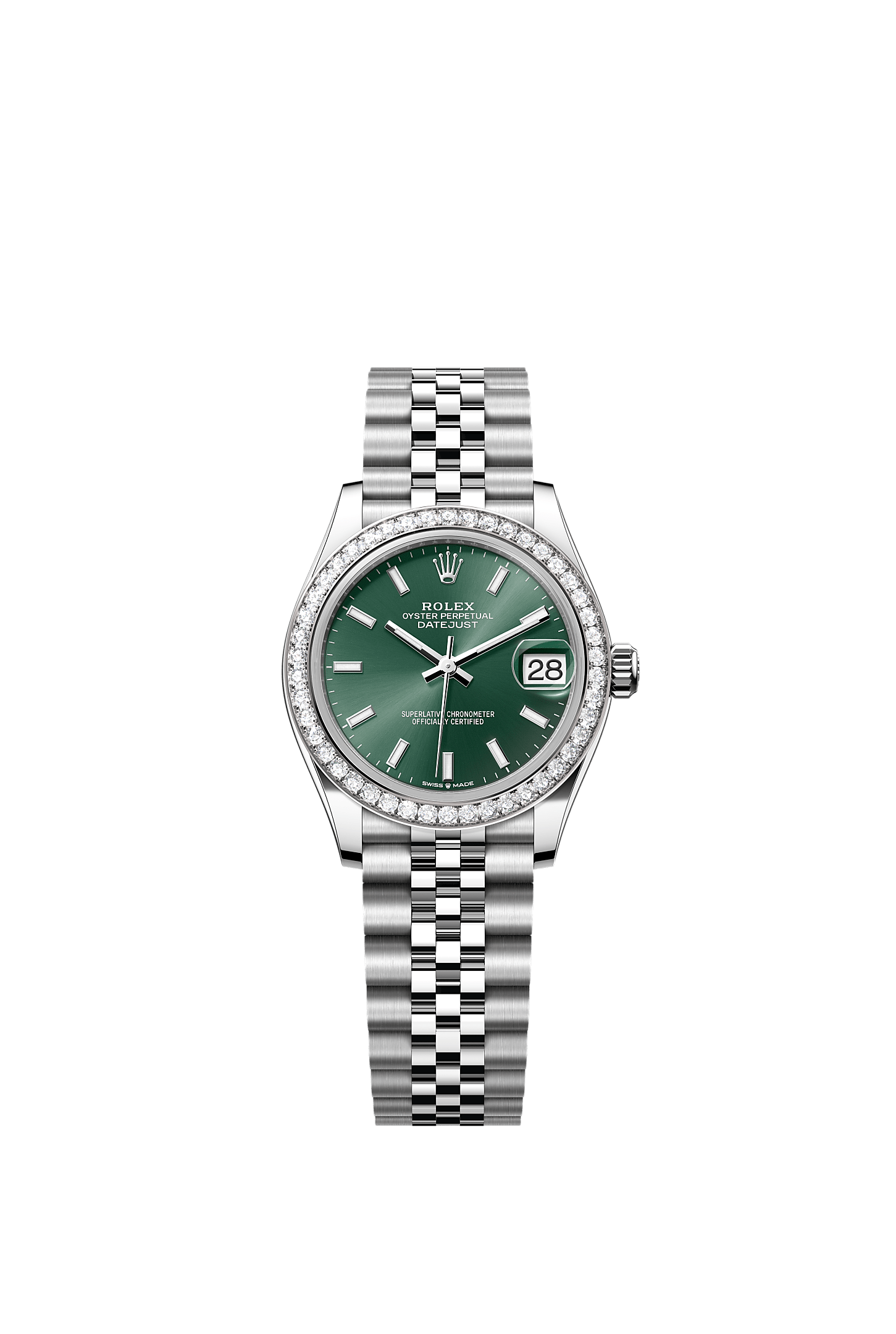 데이트저스트 31, 오이스터, 31mm, 오이스터스틸, 화이트 골드와 다이아몬드, 다이얼 : 민트 그린, Rolex