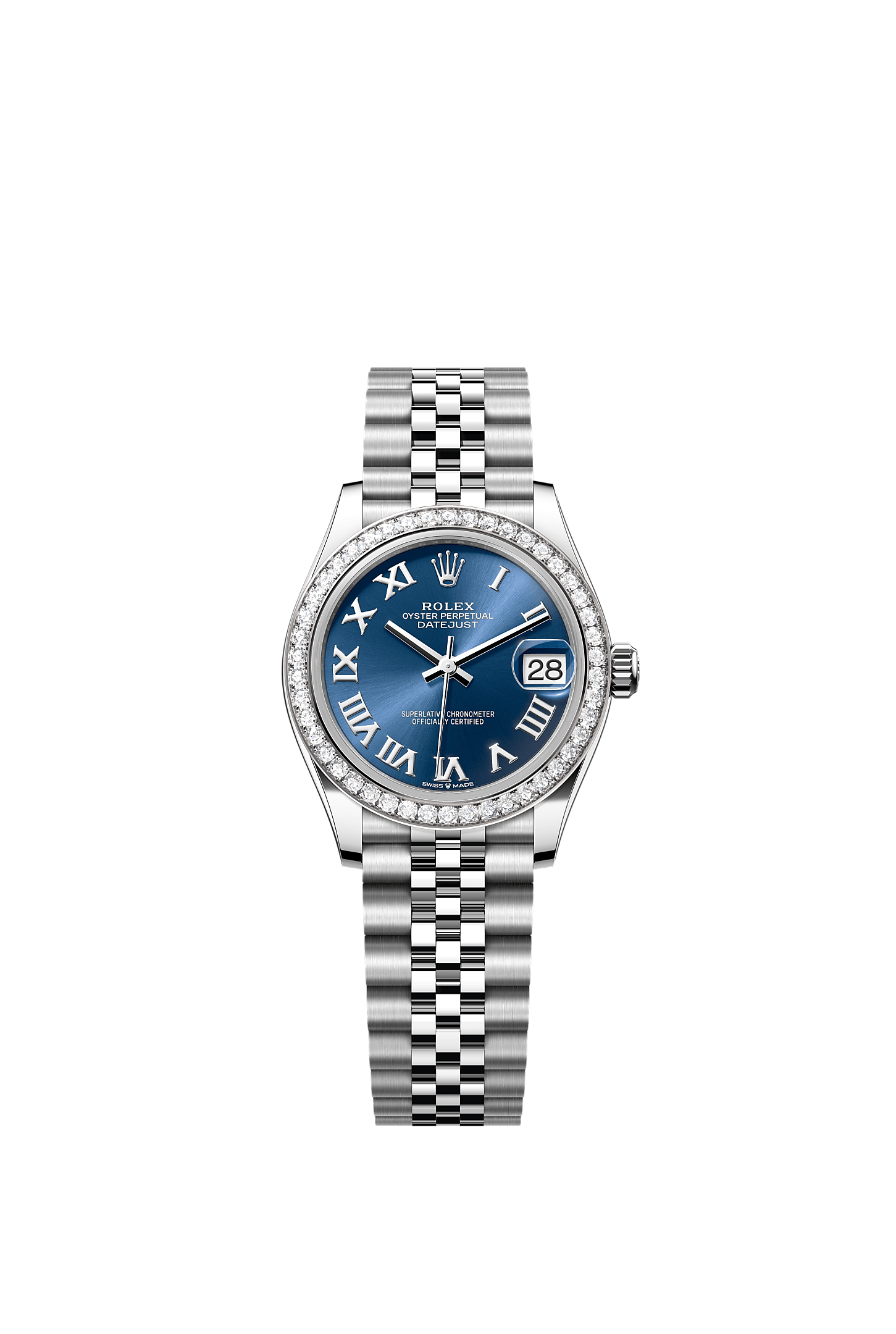 Datejust 31, Oyster, 31 mm, Oystersteel, emas putih dan berlian, Permukaan : Biru terang, Rolex