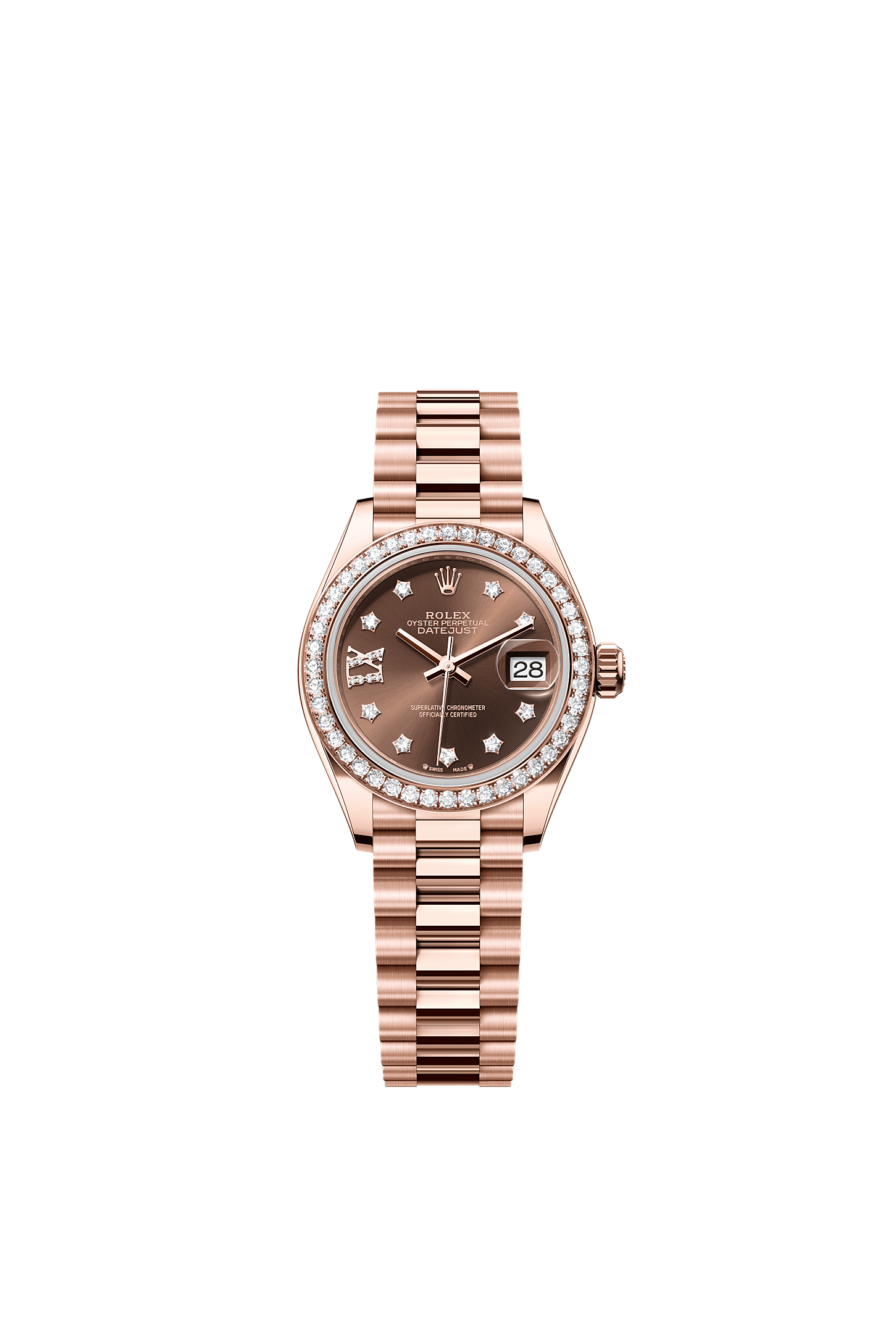 Lady-Datejust, Oyster, 28 mm, Everose gold and diamonds, Dial : Chocolate set with diamonds, Rolex