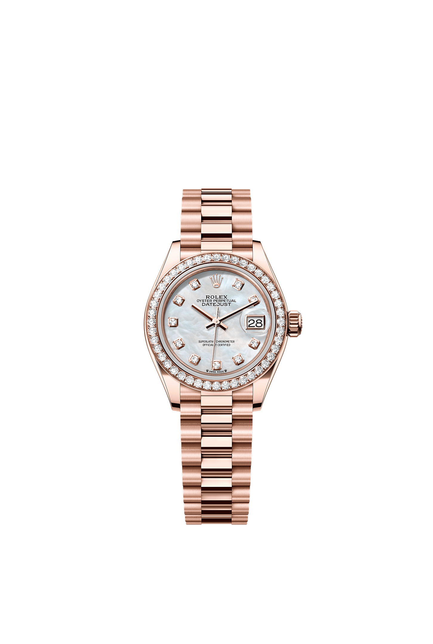 Lady-Datejust, Oyster, 28 mm, Everose-Gold mit Diamanten, Zifferblatt : Helles Perlmutt-Zifferblatt mit Diamanten, Rolex