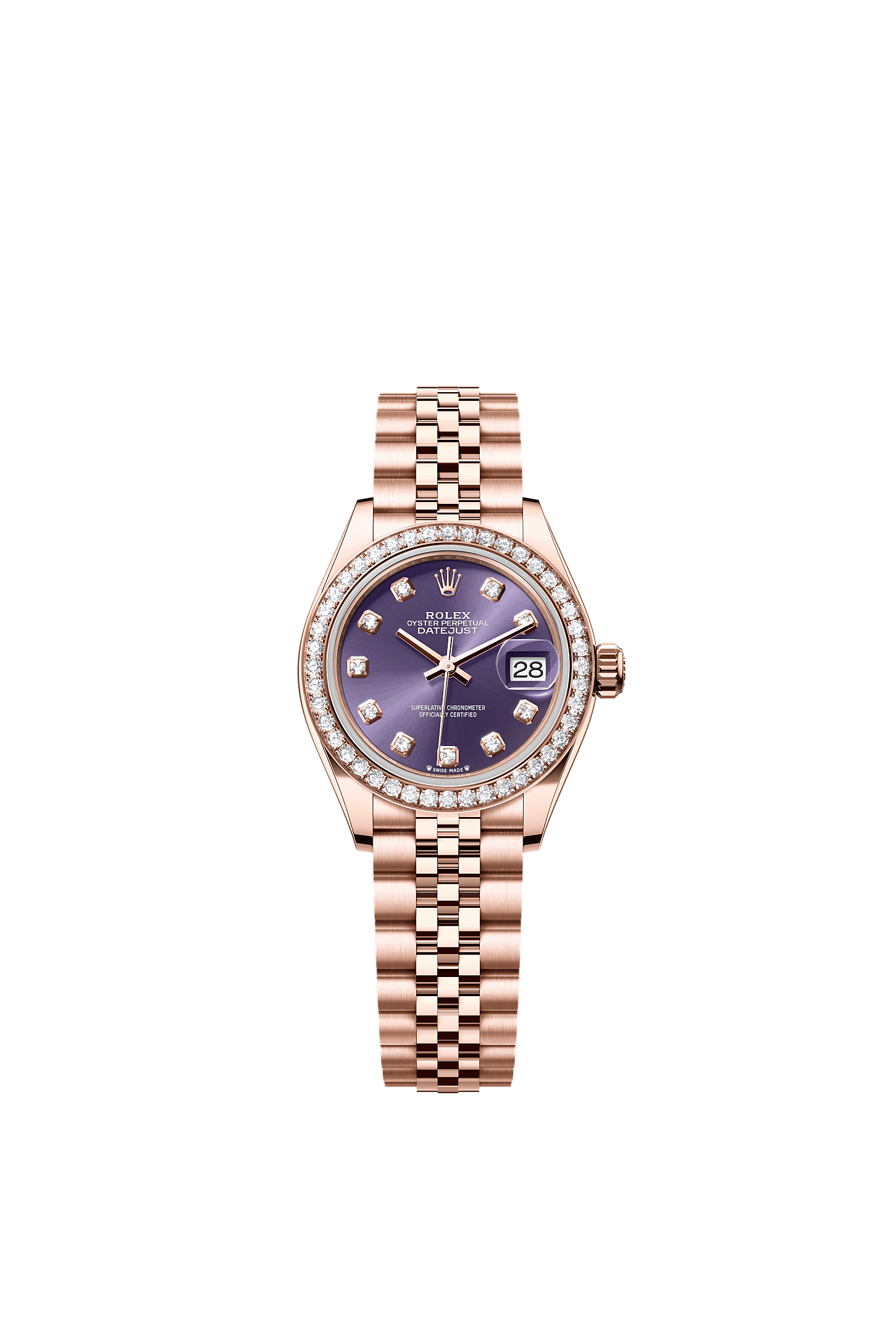 Lady-Datejust, Oyster, 28 mm, różowe złoto Everose i brylanty, Tarcza : Kolor fioletu bakłażana, wysadzana brylantami, Rolex