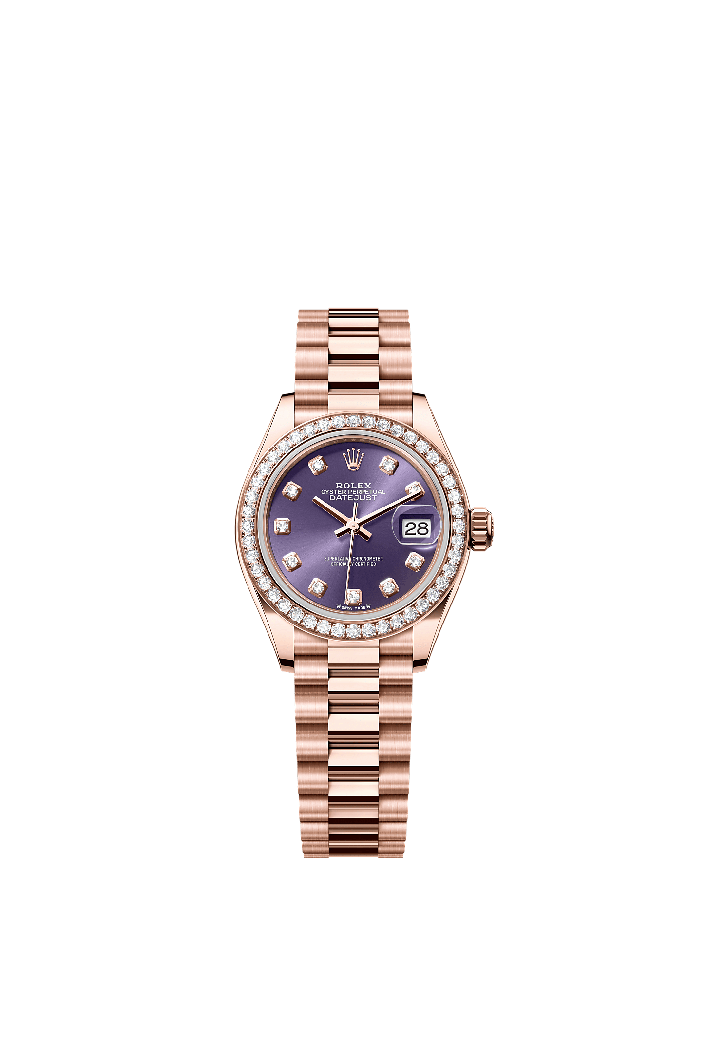 Lady-Datejust, Oyster, 28 mm, różowe złoto Everose i brylanty, Tarcza : Kolor fioletu bakłażana, wysadzana brylantami, Rolex