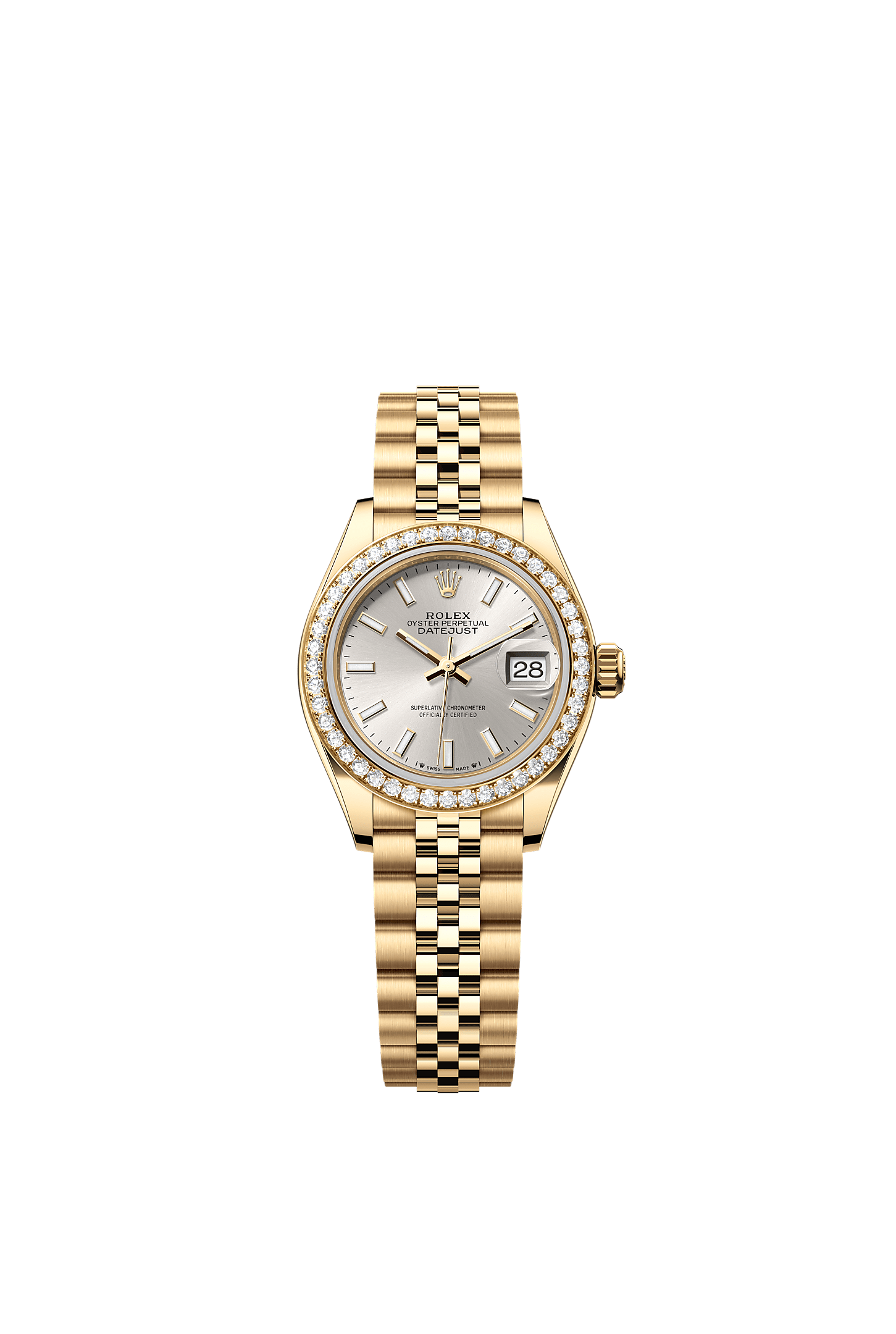 Lady-Datejust, Oyster, 28 mm, emas kuning dan berlian, Permukaan : Perak, Rolex
