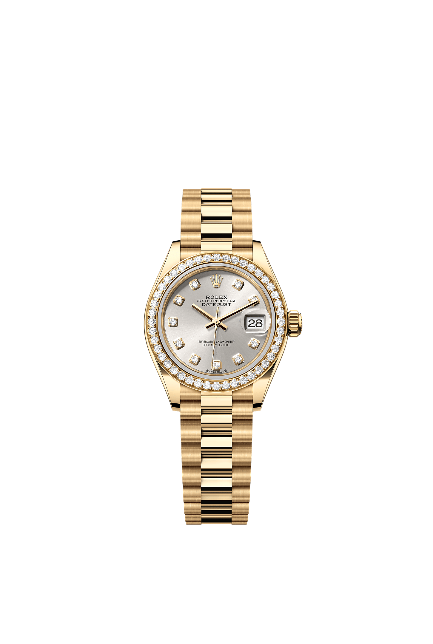 Lady-Datejust, Oyster, 28 mm, yellow gold and diamonds, Dial : Silver set with diamonds, Rolex