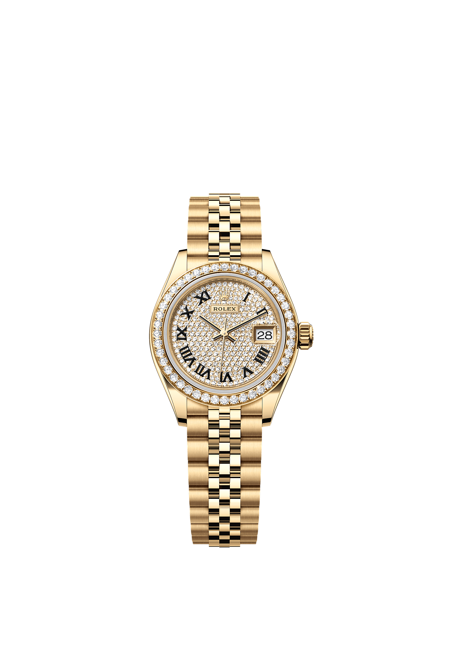 ليدي ديت جست, أويستر، ٢٨ مم، من الذهب الأصفر والألماس, المينا : مرصوف بالألماس, Rolex