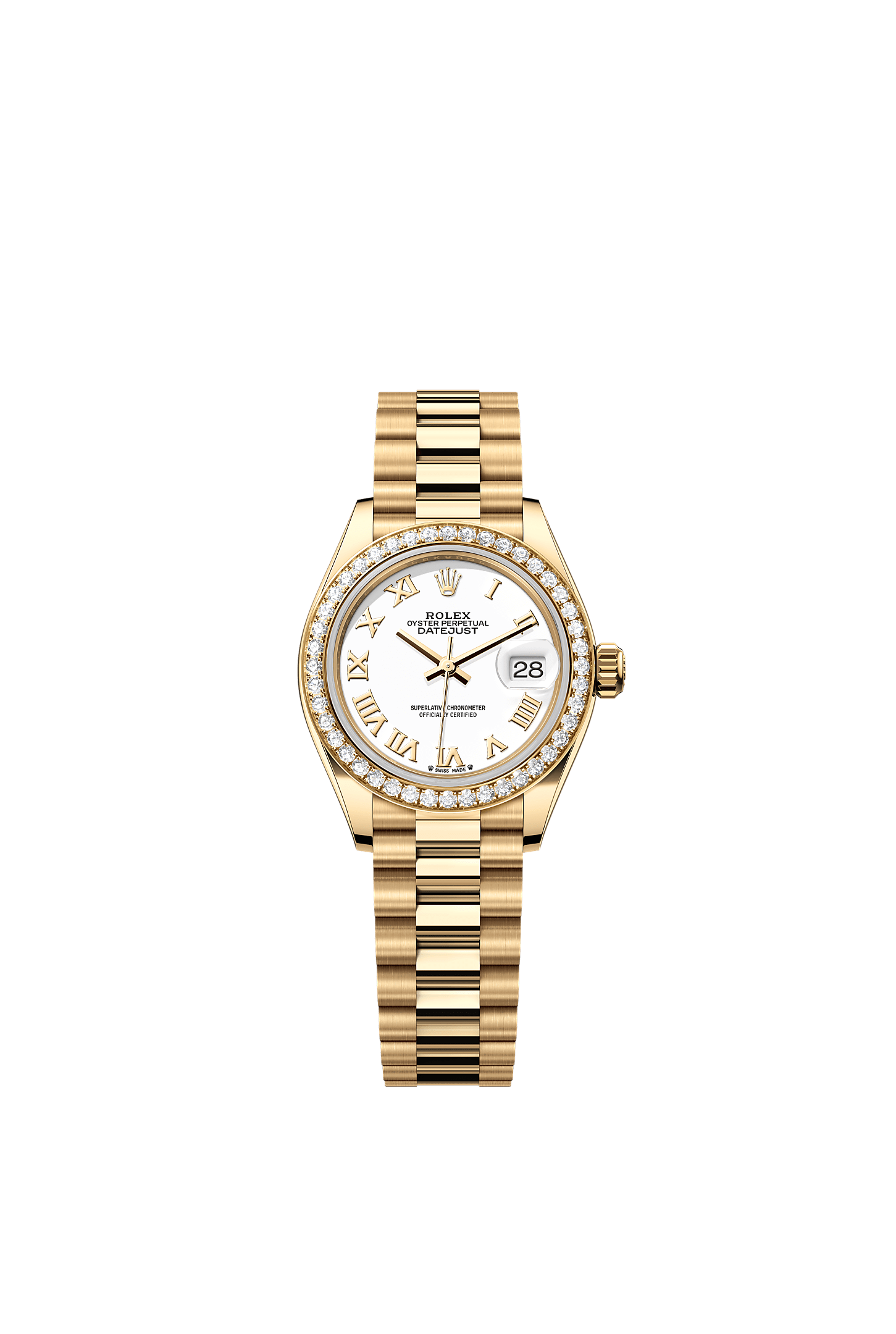Lady-Datejust, Oyster, 28 mm, ouro amarelo e diamantes, Mostrador : Branco, Rolex