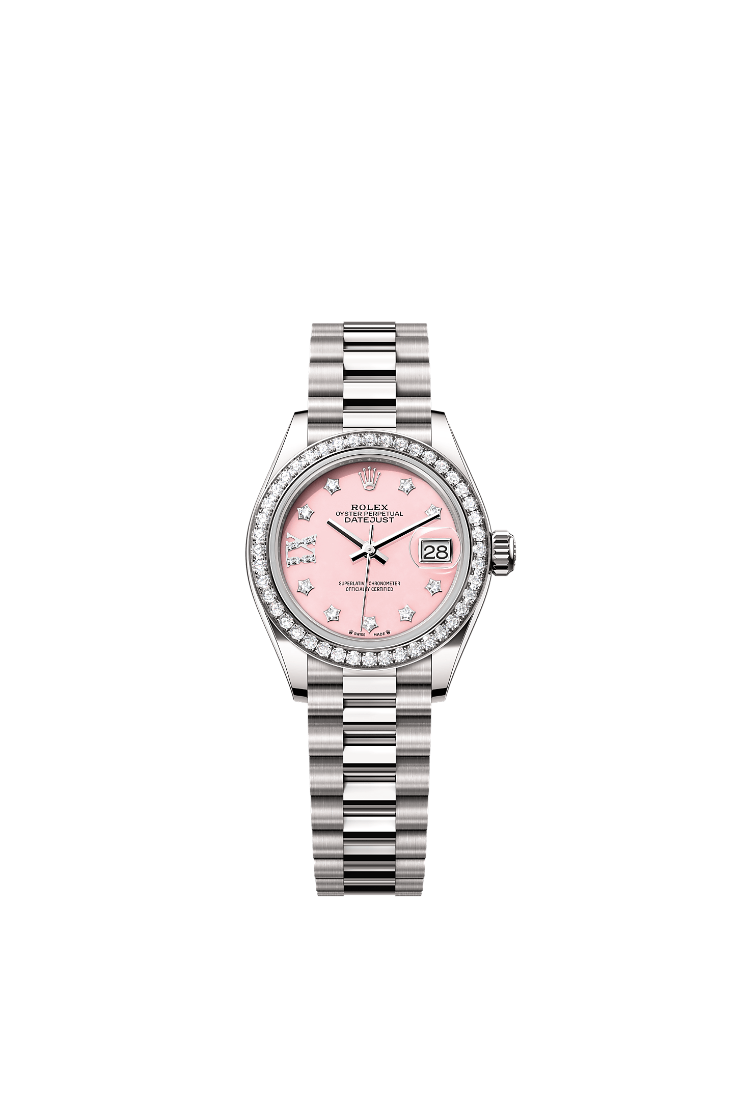 Lady-Datejust, Oyster, 28 mm, or gris et diamants, Cadran : Opale rose serti de diamants, Rolex