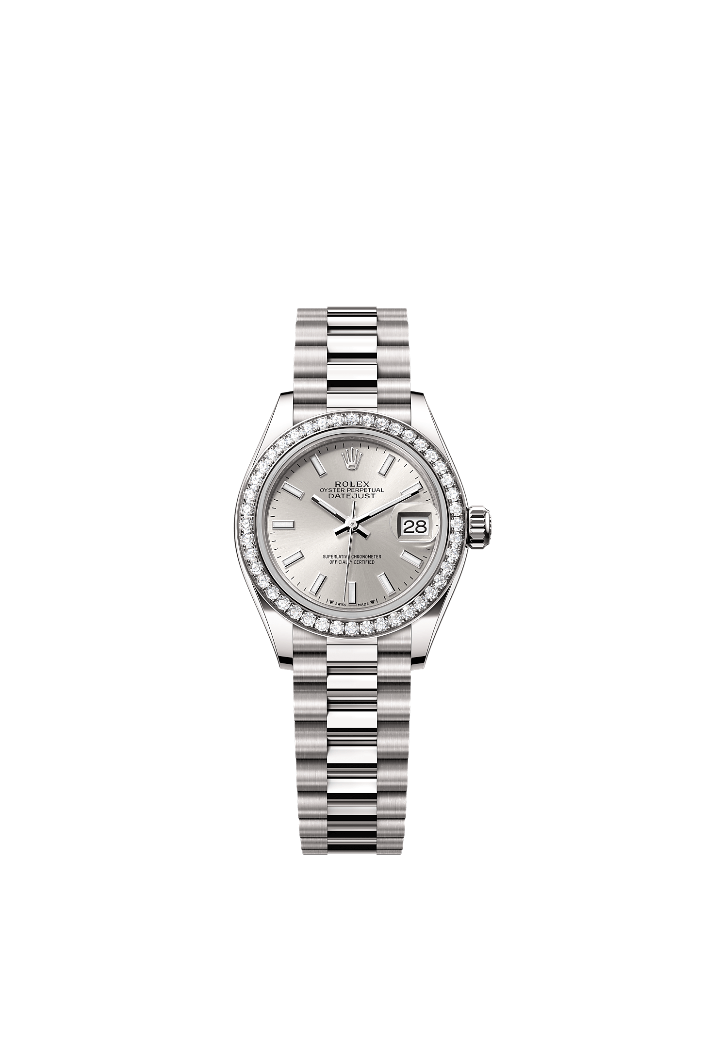 Lady-Datejust, 蠔式，28毫米，鑽石及白色黃金, 錶面 : 銀色, Rolex