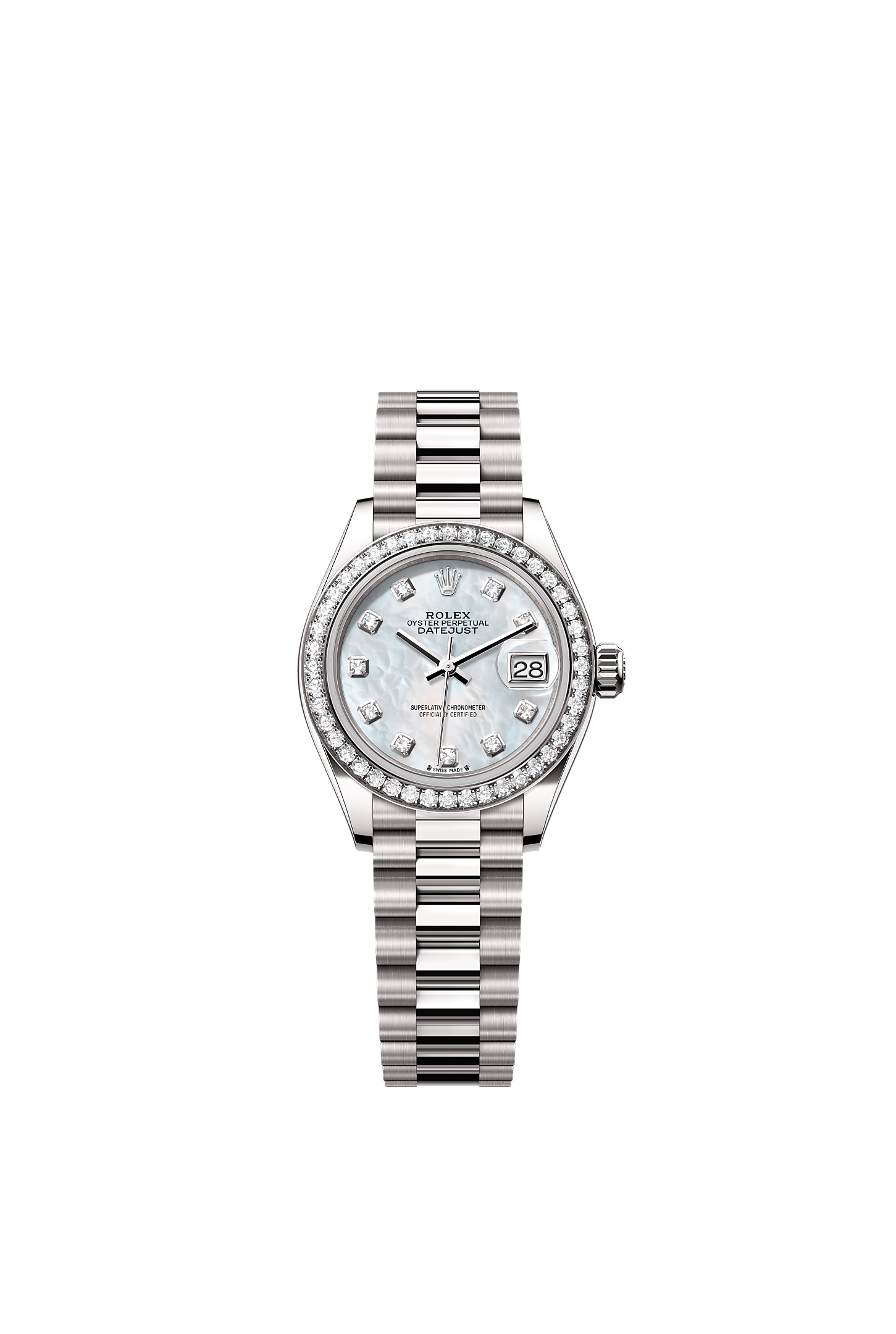 Lady-Datejust, Oyster, 28 mm, white gold and diamonds, Dial : White mother-of-pearl set with diamonds, Rolex