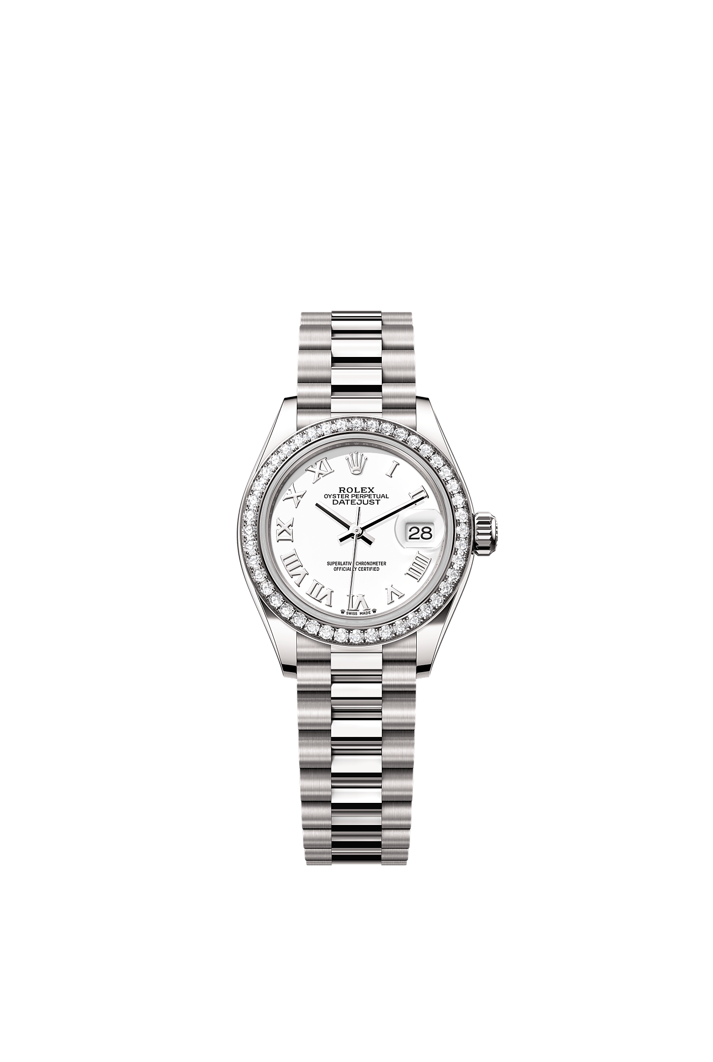 Lady-Datejust, Oyster, 28 mm, ouro branco e diamantes, Mostrador : Branco, Rolex