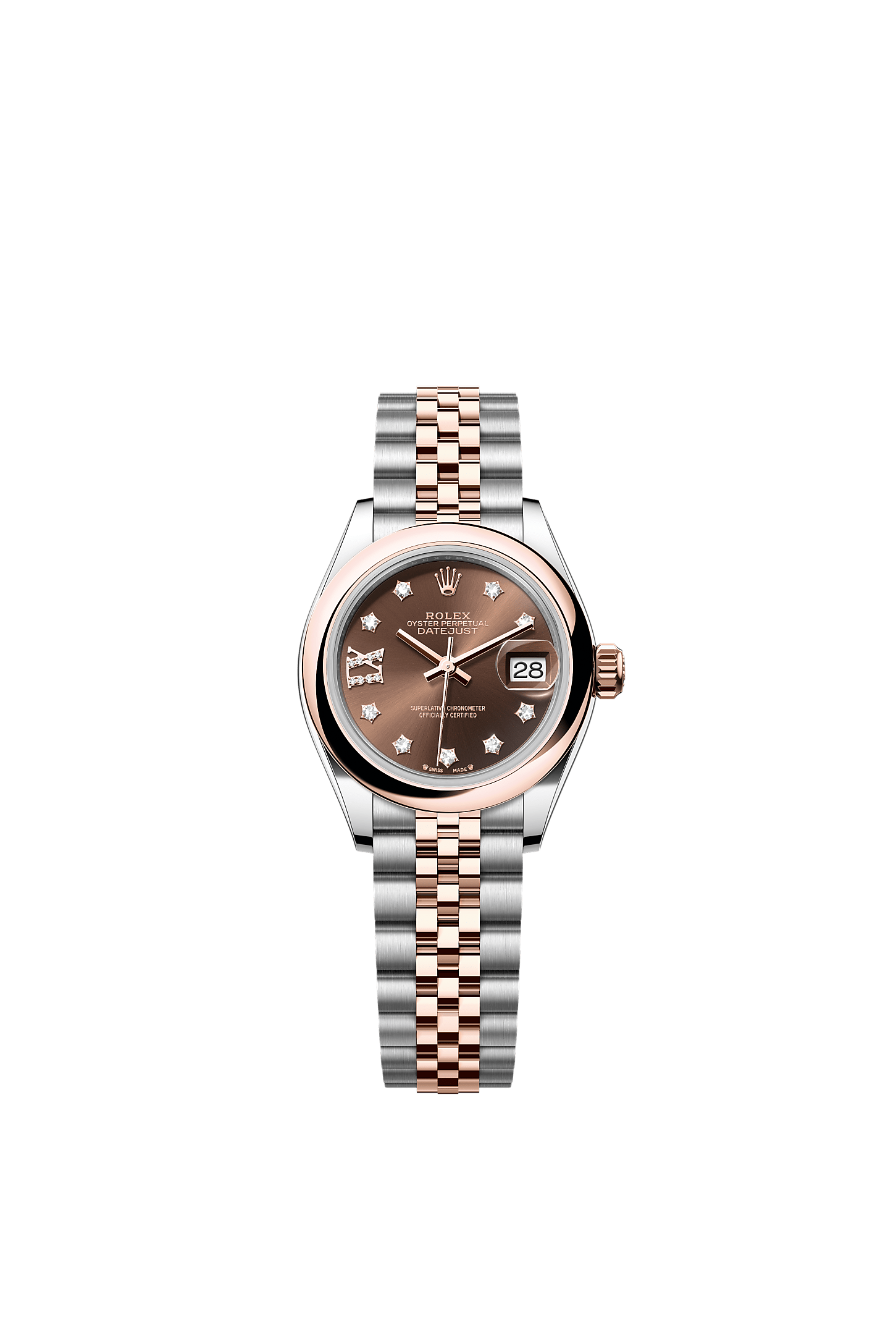 Lady-Datejust, Oyster, 28 mm, Oystersteel en Everose-goud, Wijzerplaat : Chocoladebruin bezet met diamanten, Rolex