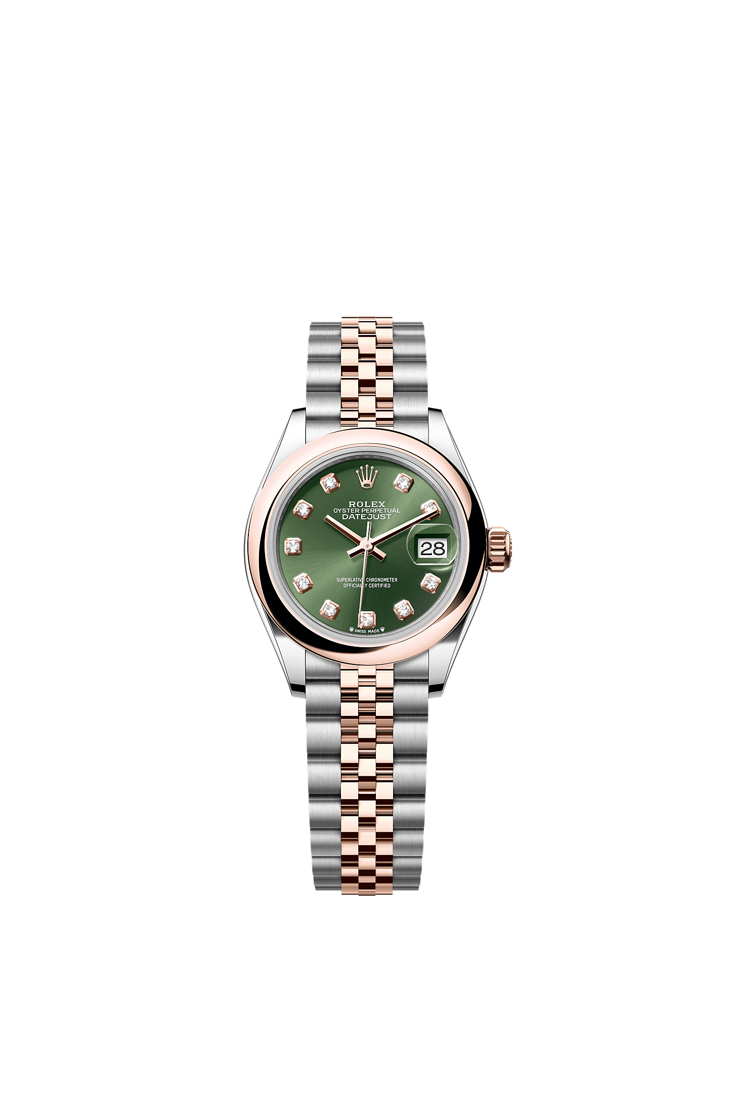 Lady-Datejust, Oyster, 28 mm, Oystersteel dan emas Everose, Permukaan : Hijau buah zaitun dipasangkan dengan berlian, Rolex