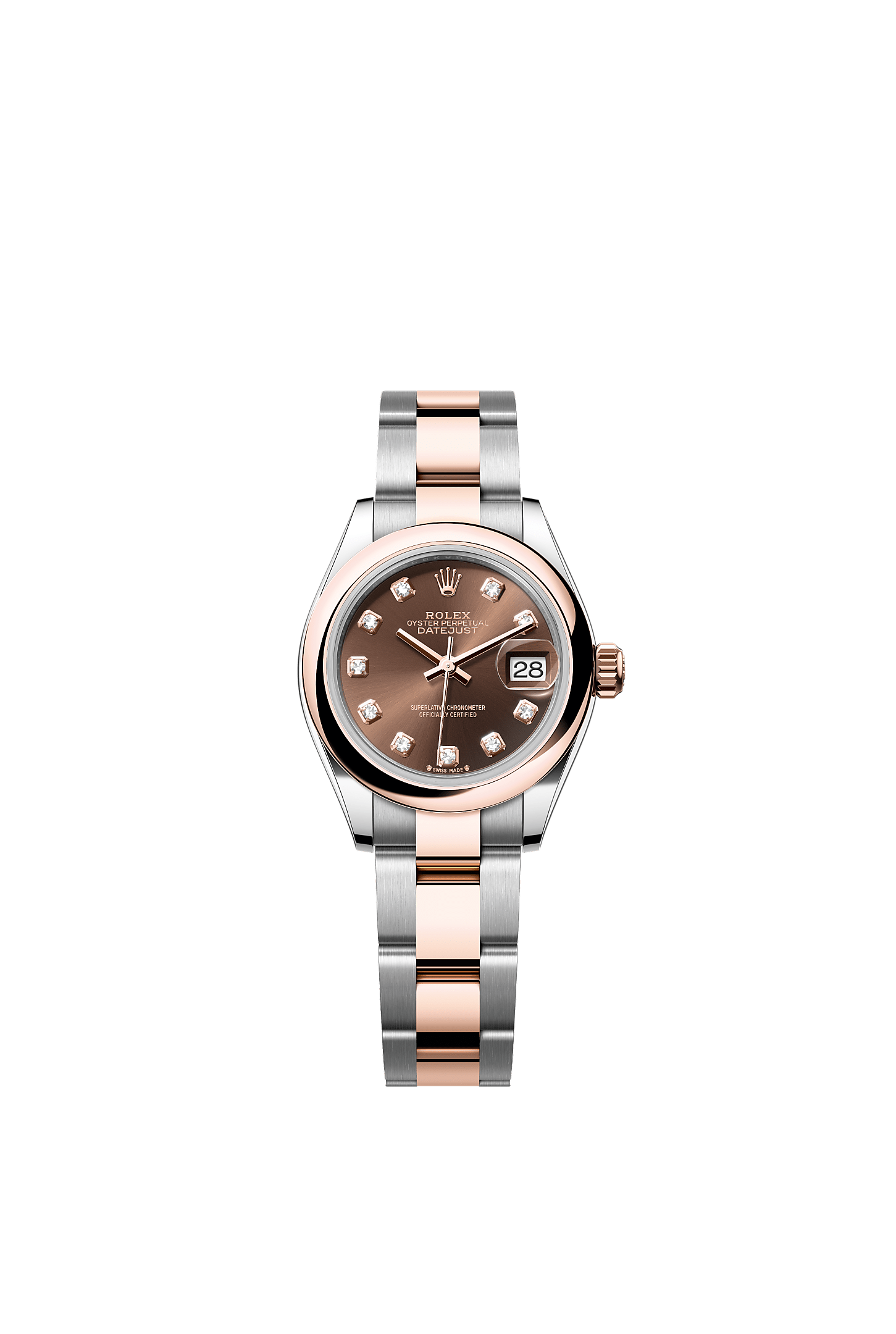 Lady-Datejust, Oyster, 28 mm, Oystersteel and Everose gold, Dial : Chocolate set with diamonds, Rolex