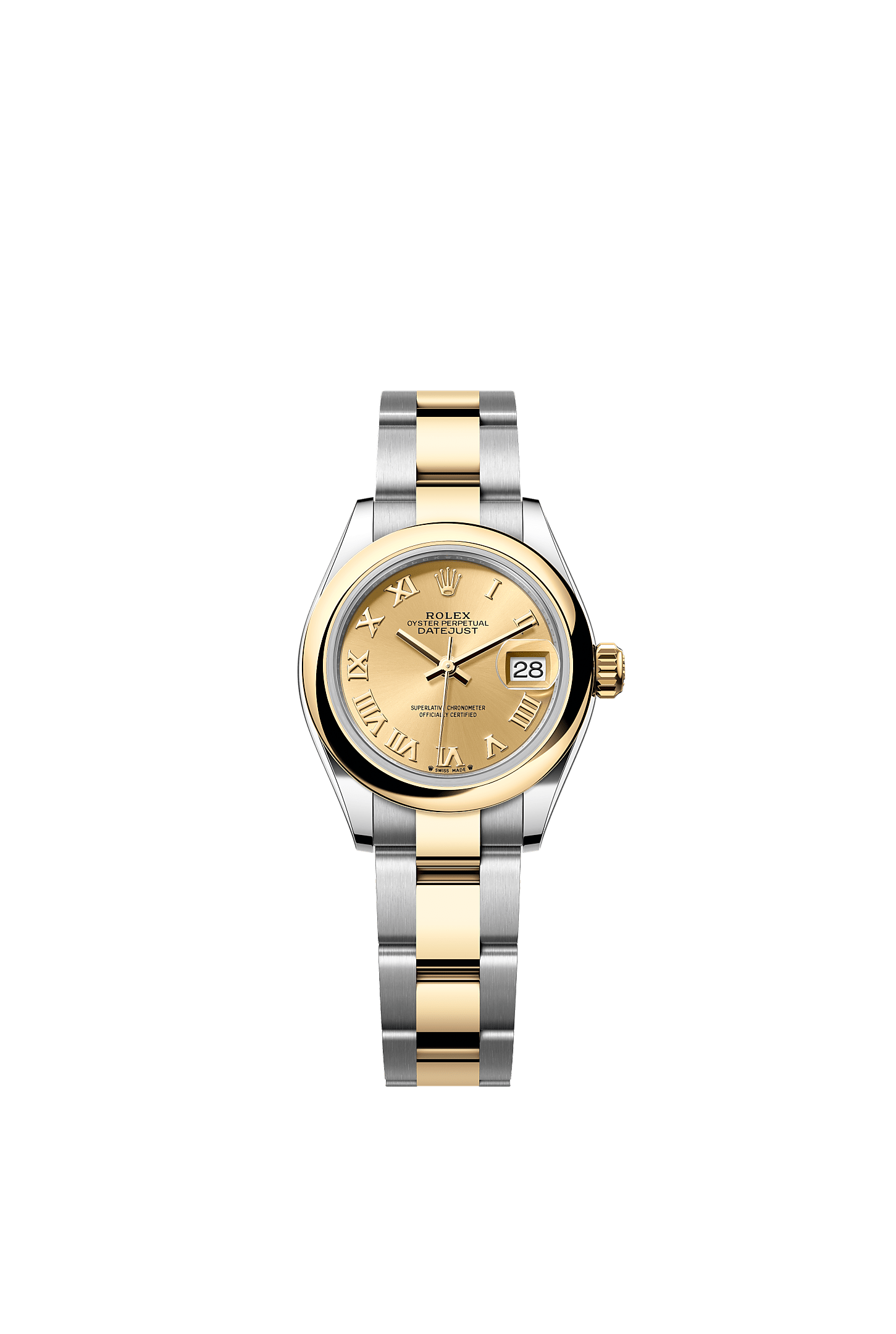 Lady-Datejust, Oyster, 28 mm, aço Oystersteel e ouro amarelo, Mostrador : Cor <i>champagne</i>, Rolex