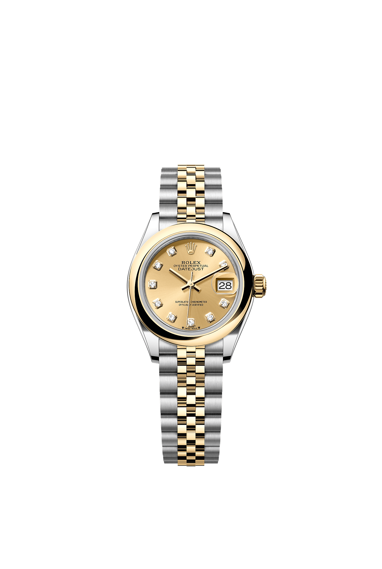 Lady-Datejust, Oyster, 28 มม., Oystersteel และทองคำ, หน้าปัด : สีแชมเปญประดับเพชร, Rolex