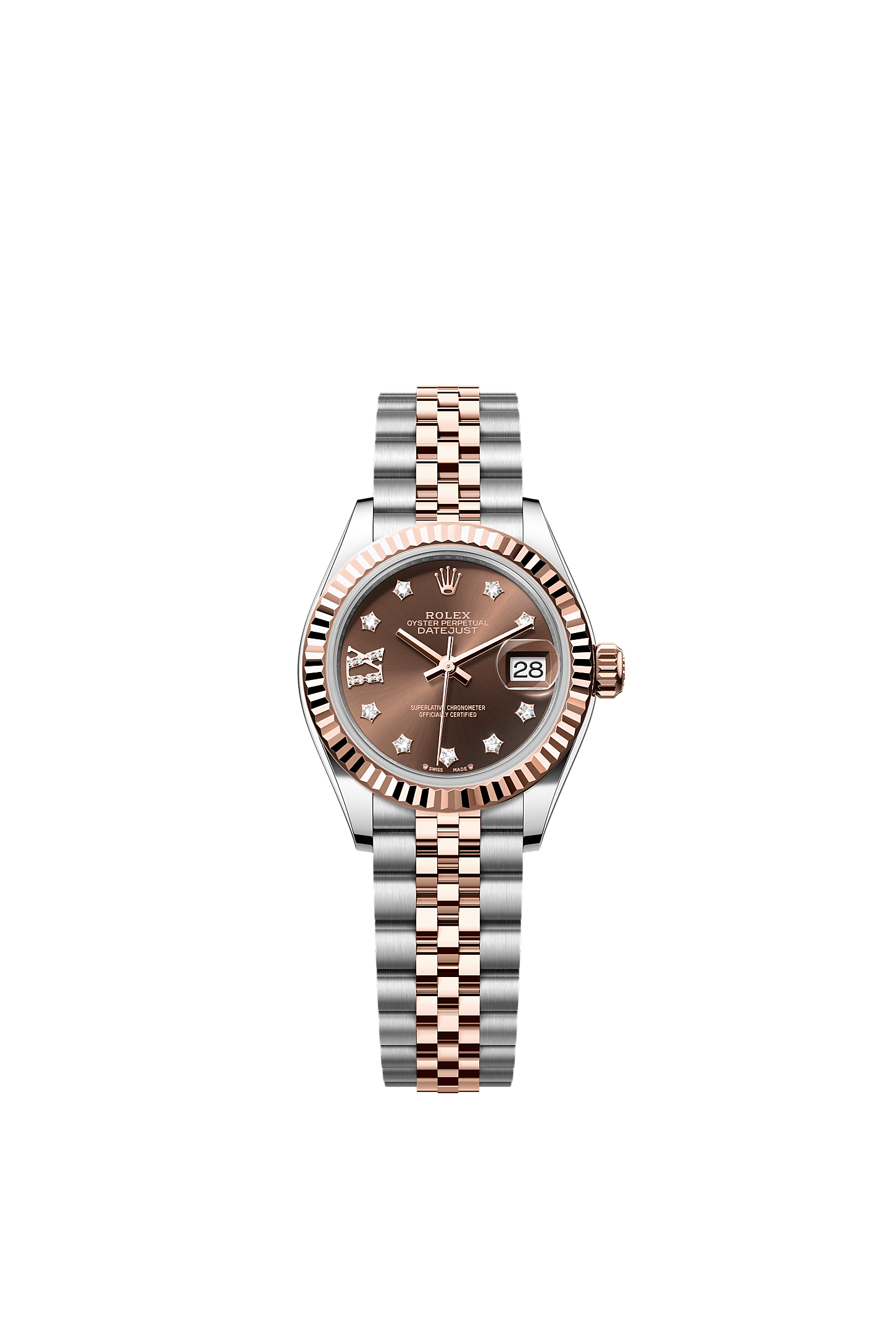 Lady-Datejust, Oyster, 28 mm, acciaio Oystersteel e oro Everose, Quadrante : Cioccolato con diamanti, Rolex