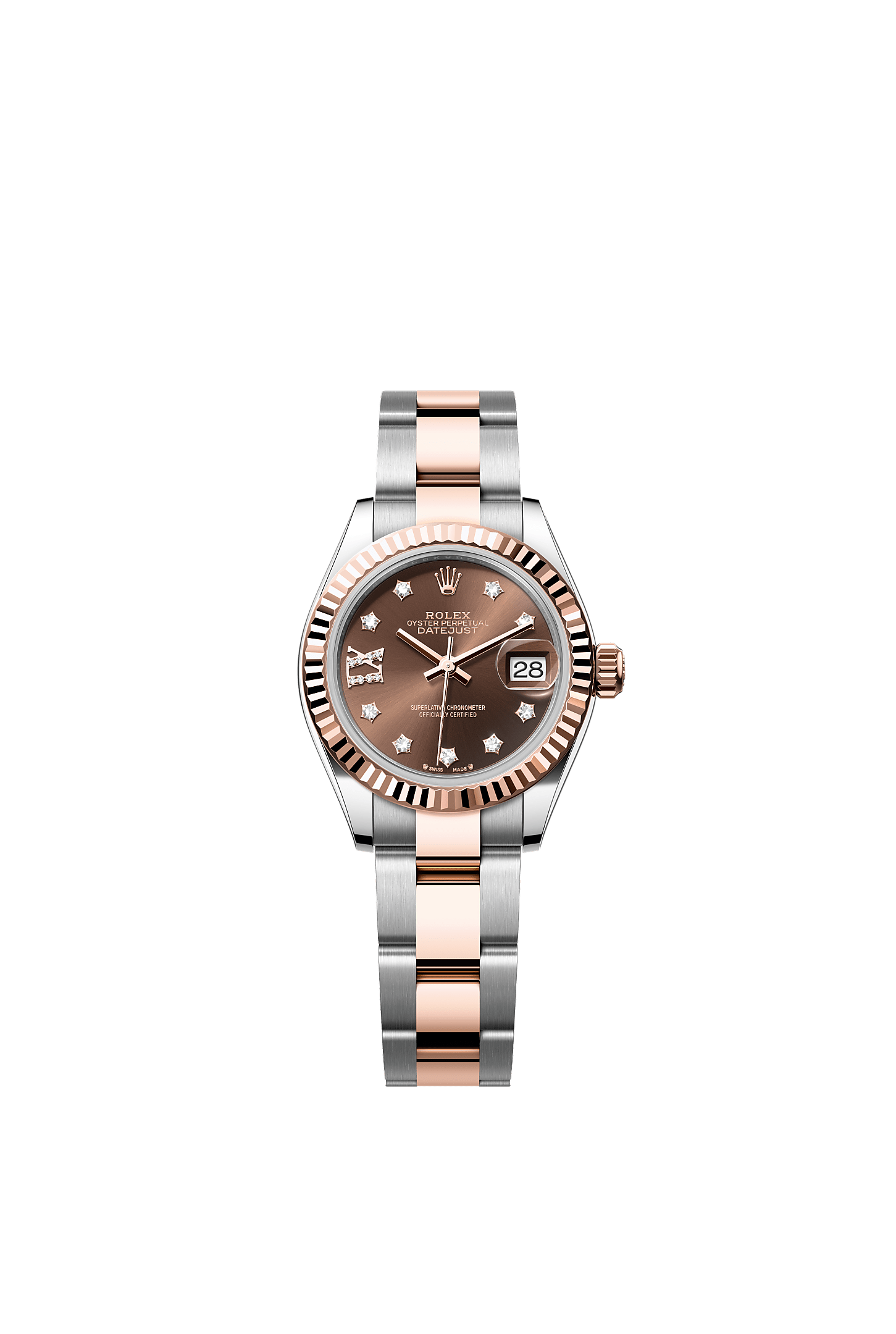 Lady-Datejust, Oyster, 28 mm, stal Oystersteel i różowe złoto Everose, Tarcza : Czekoladowa, wysadzana brylantami, Rolex