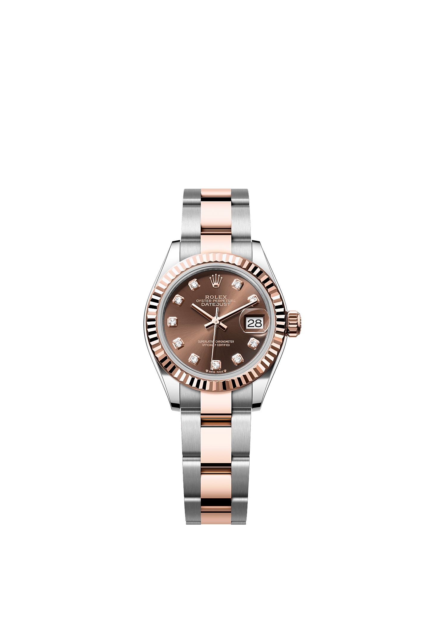Lady-Datejust, Oyster, 28 mm, acero Oystersteel y oro Everose, Esfera : Chocolate engastada de diamantes, Rolex