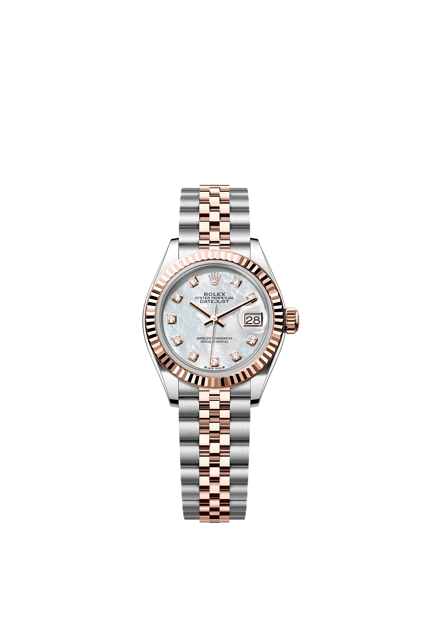 Lady-Datejust, Oyster 28 mm, acier Oystersteel et or Everose, Cadran : Nacre blanche, serti de diamants, Rolex