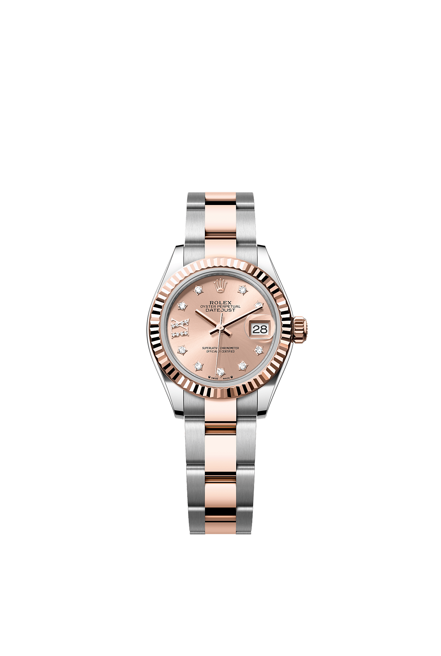 Lady-Datejust, Oyster, 28 mm, acero Oystersteel y oro Everose, Esfera : Color «rosé» engastada de diamantes, Rolex