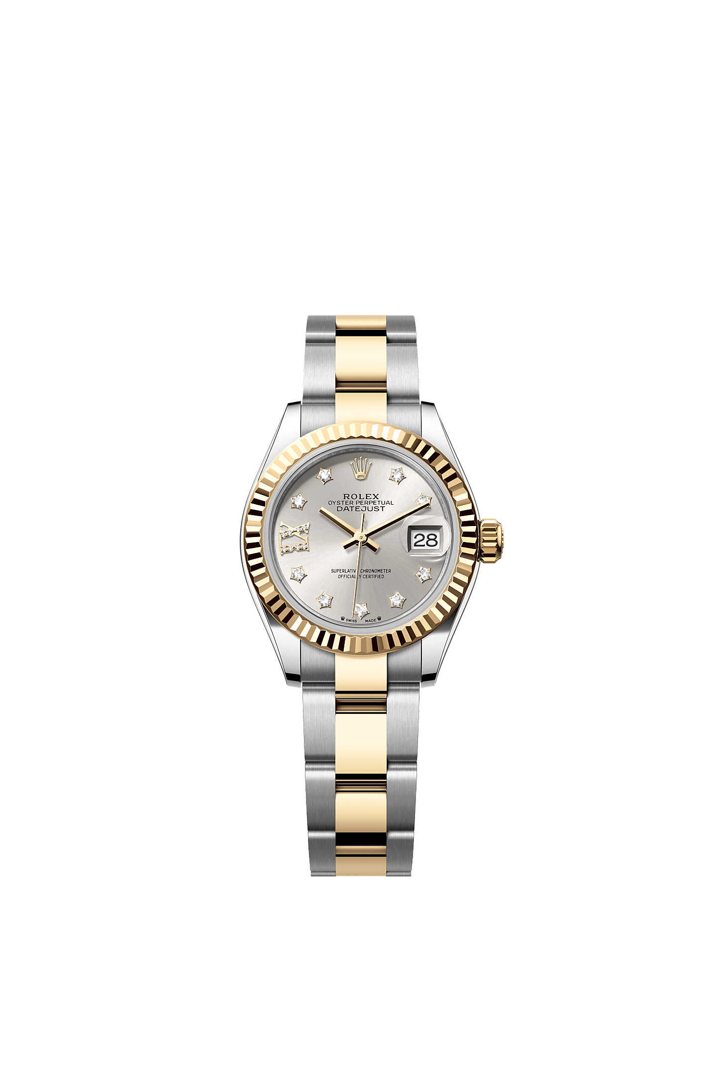 Lady-Datejust, Oyster, 28 mm, Oystersteel and yellow gold, Dial : Silver set with diamonds, Rolex