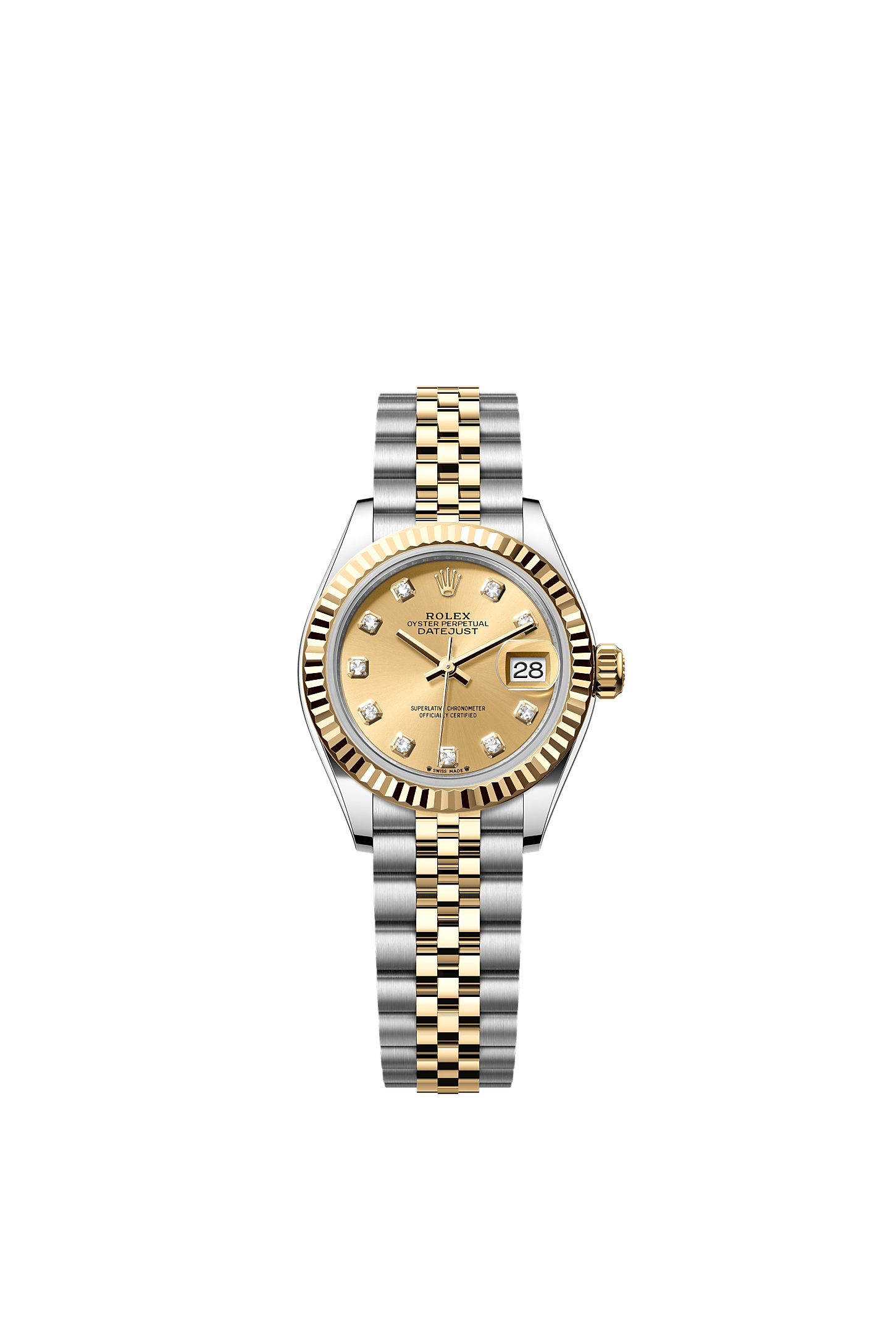 Lady-Datejust, 蠔式，28毫米，黃金及蠔式鋼, 錶面 : 香檳色，鑲鑽石, Rolex