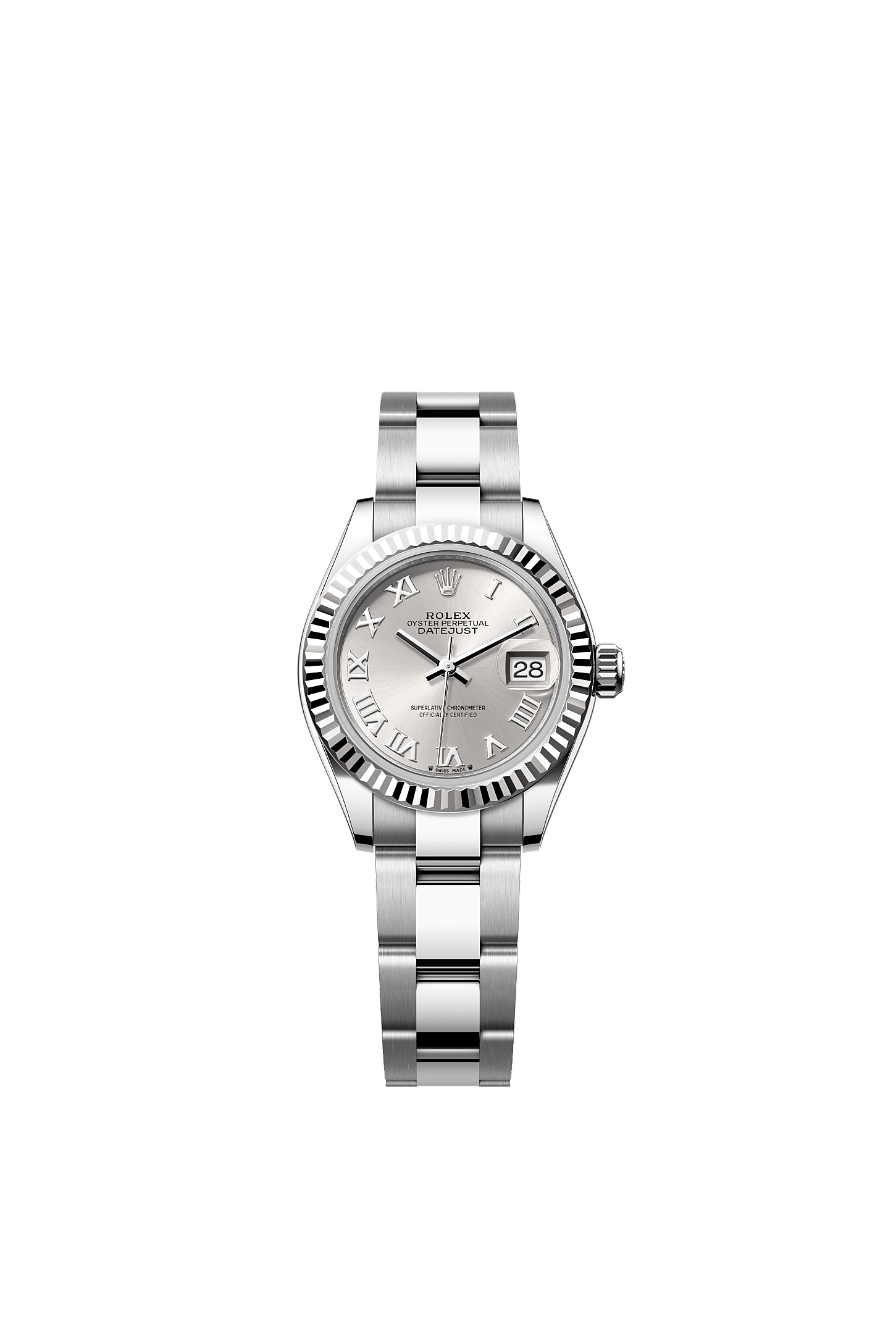 Lady-Datejust, Oyster, 28 mm, aço Oystersteel e ouro branco, Mostrador : Prateado, Rolex