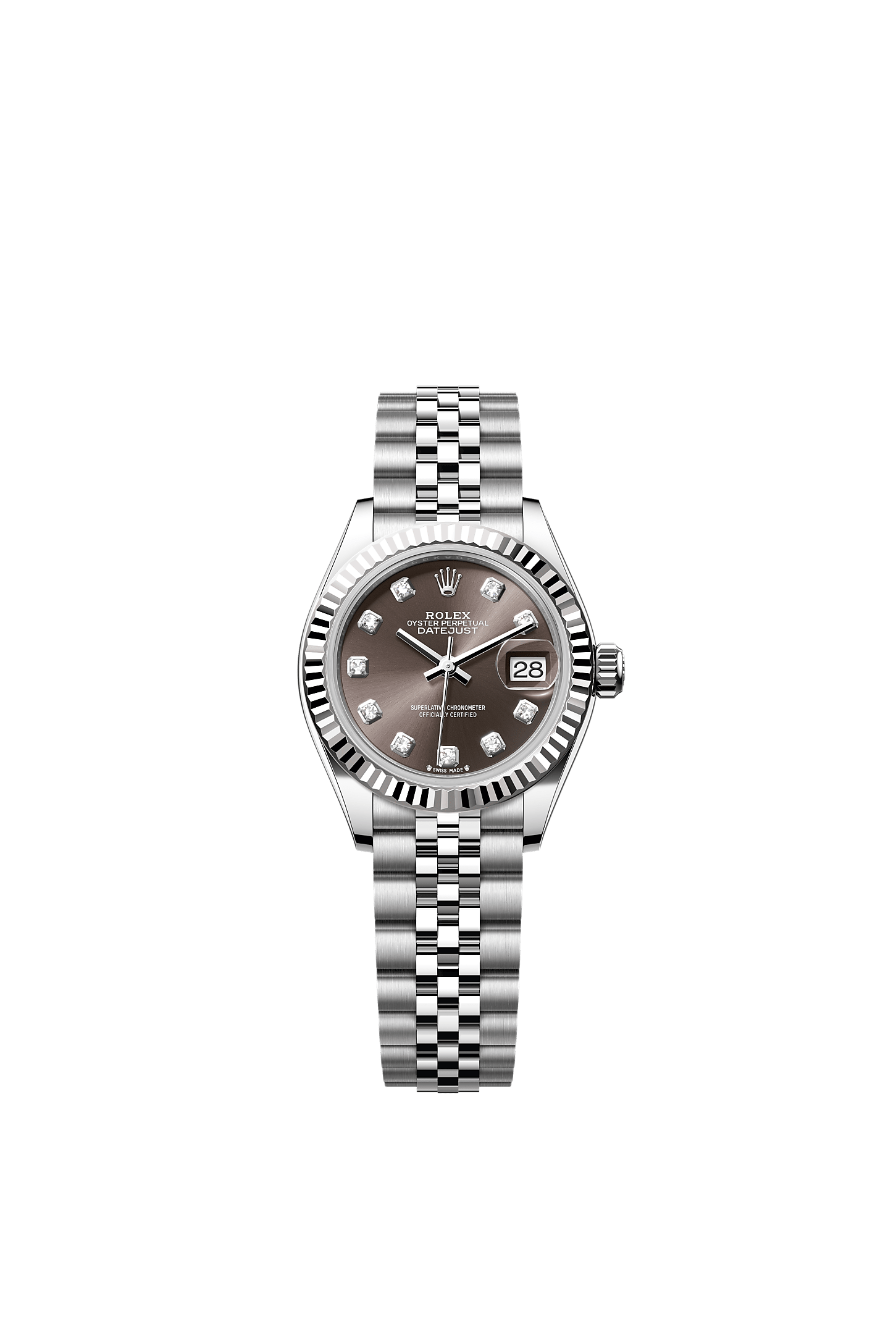 Lady-Datejust, Oyster, 28 mm, aço Oystersteel e ouro branco, Dial : Dark grey cravejado de diamantes, Rolex