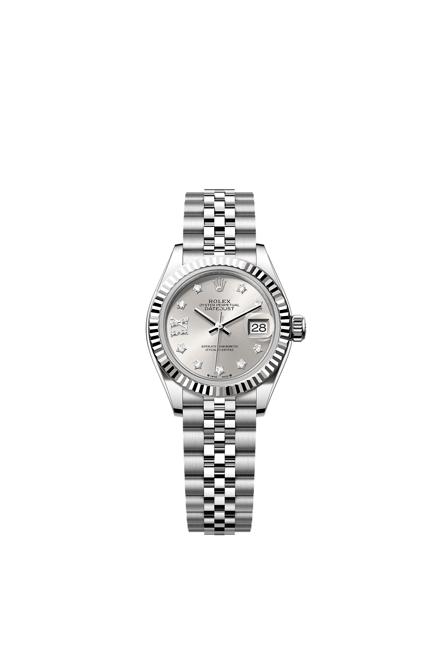 Lady-Datejust, Oyster, 28 mm, stal Oystersteel i białe złoto, Tarcza : Srebrna, wysadzana brylantami, Rolex