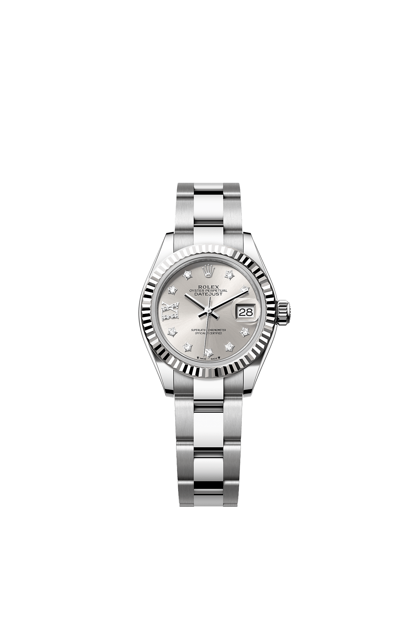 Lady-Datejust, Oyster, 28 mm, Oystersteel çelik ve beyaz altın, Kadran : Pırlantalı gümüş, Rolex