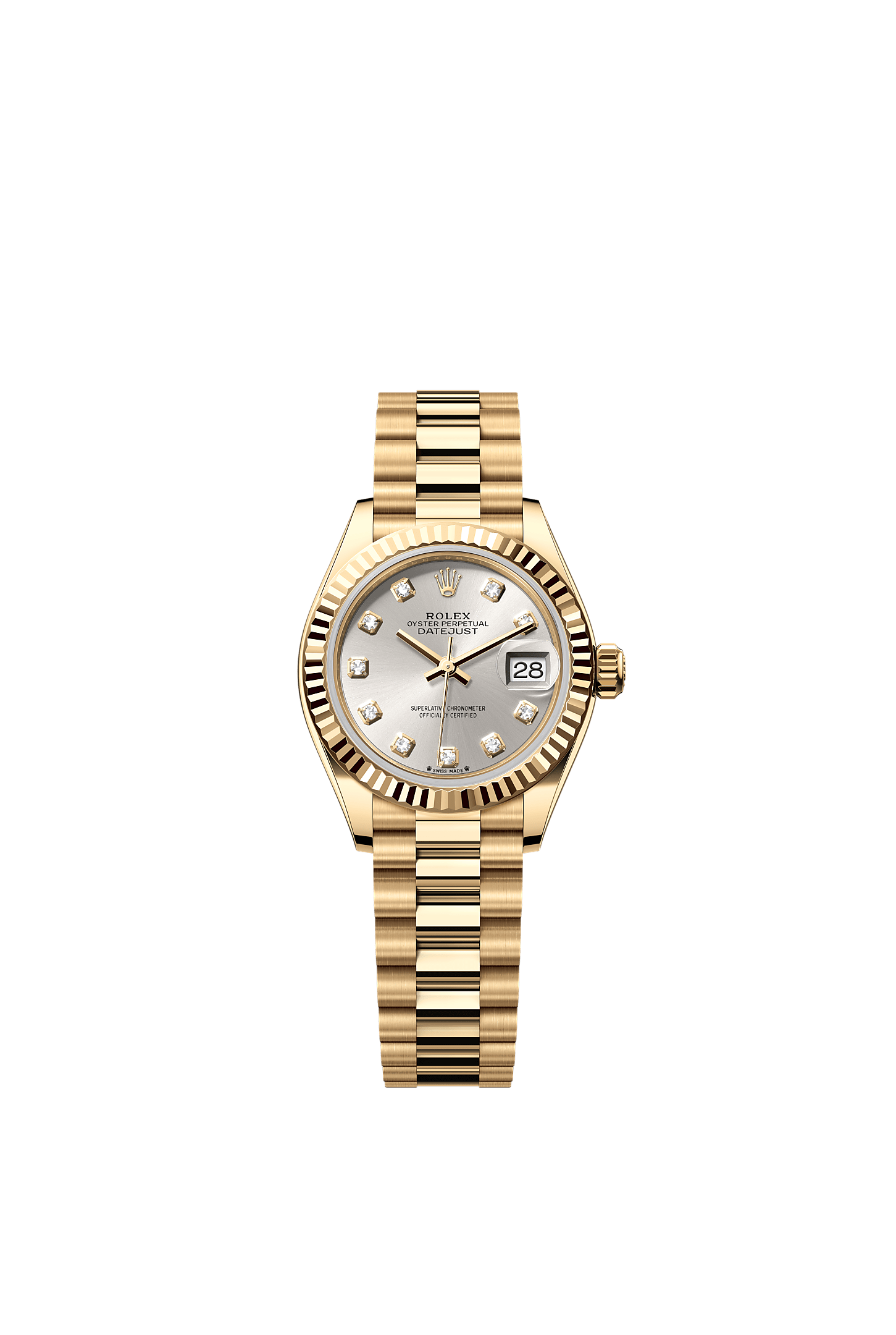Lady-Datejust, 蠔式，28毫米，黃金, 錶面 : 銀色，鑲鑽石, Rolex
