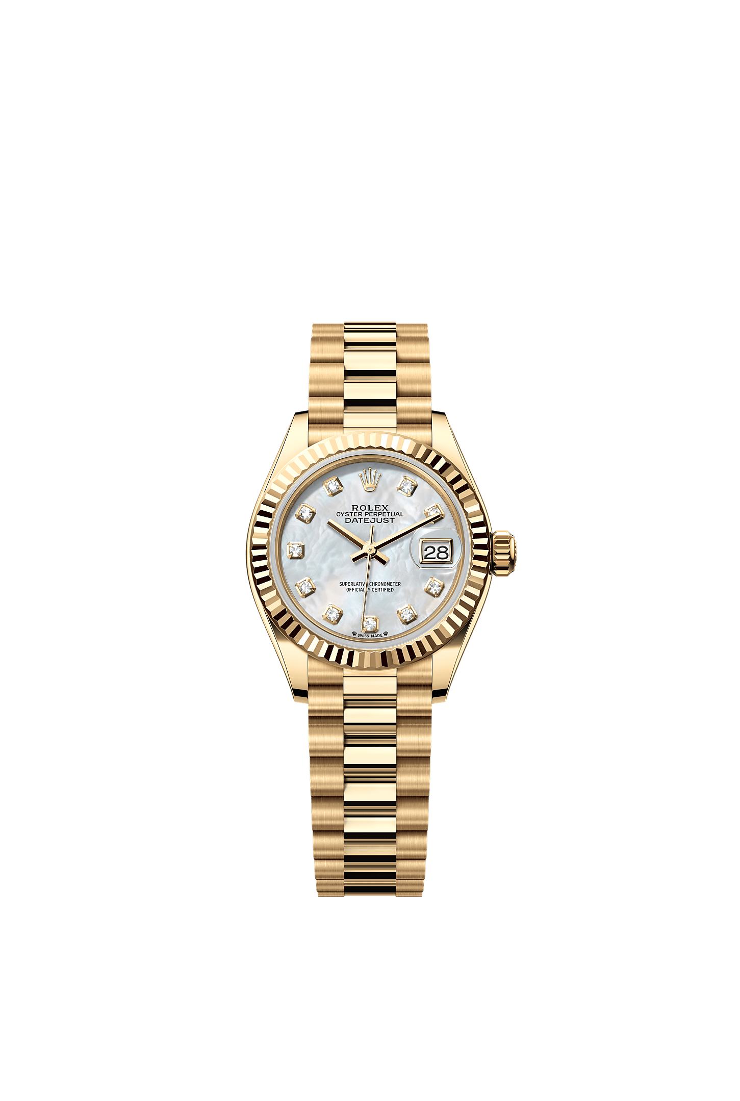 Lady-Datejust, 蠔式，28毫米，黃金, 錶面 : 白色珍珠母，鑲鑽石, Rolex