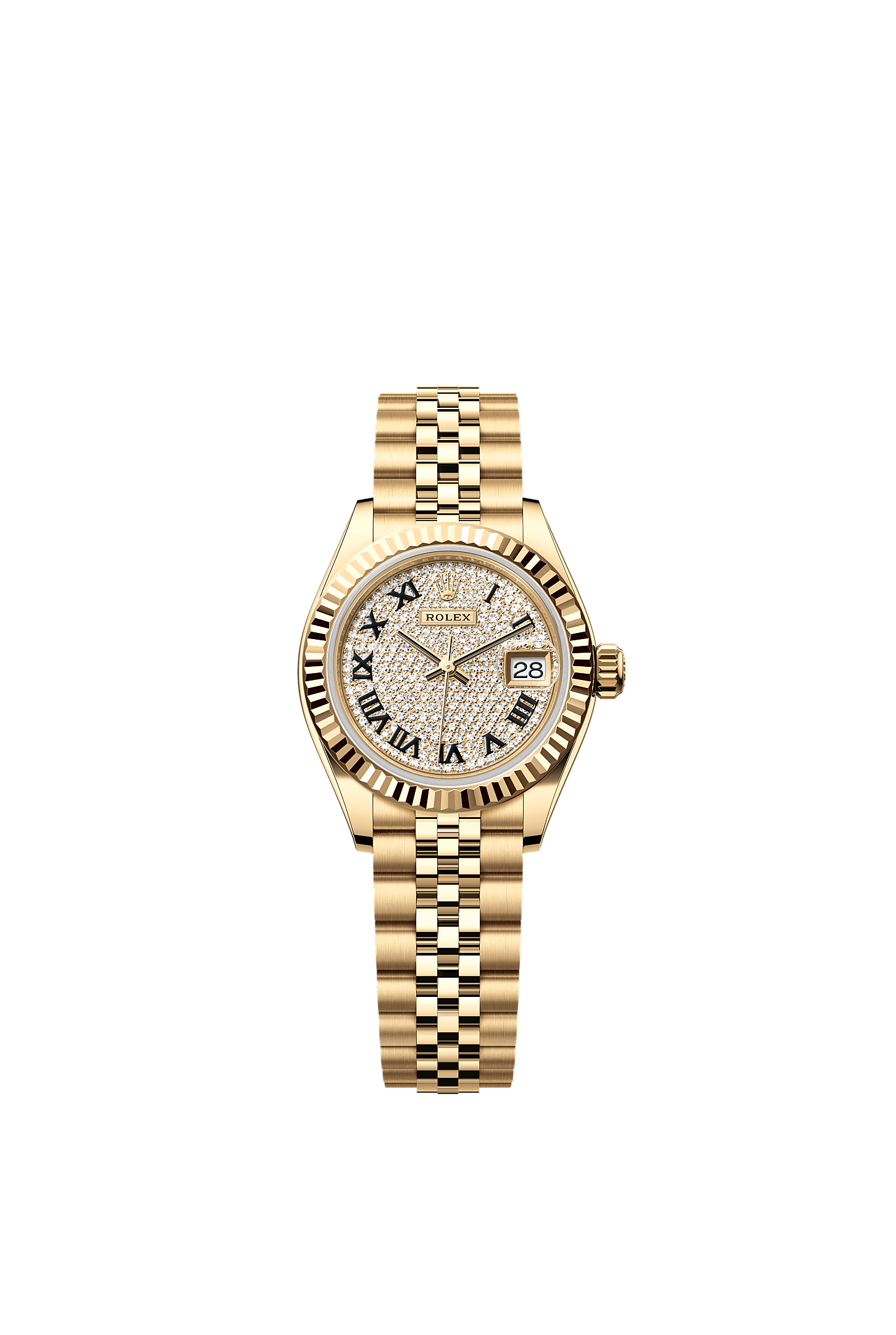 Lady-Datejust, Oyster, 28 mm, emas kuning, Permukaan : Berturap berlian, Rolex