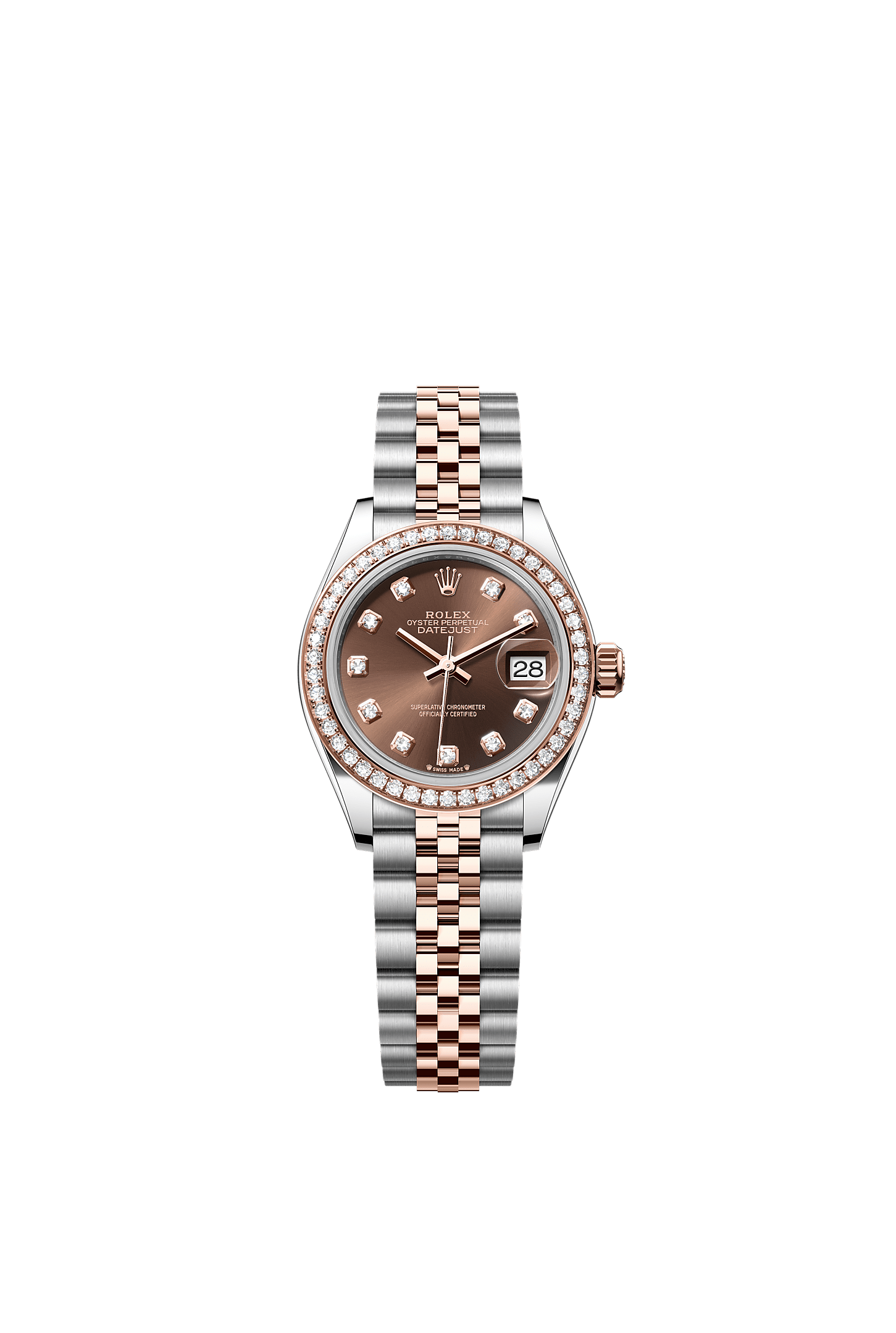 Lady-Datejust, Oyster, 28 mm, acier Oystersteel, or Everose et diamants, Cadran : Chocolat, serti de diamants, Rolex