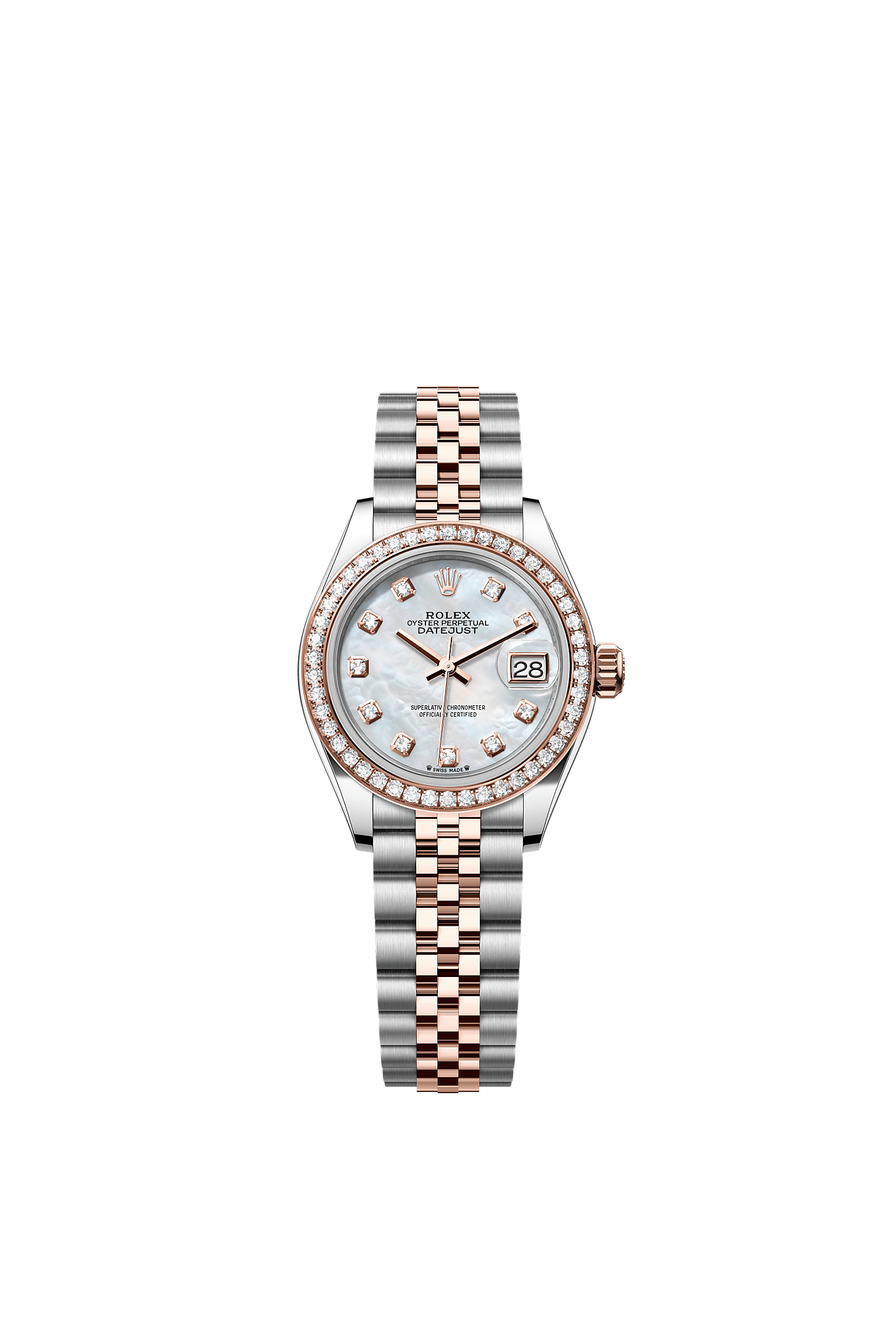 Lady-Datejust, Oyster, 28 mm, thép Oystersteel, vàng Eversose và kim cương, Mặt đồng hồ : Mặt đồng hồ ngọc trai trắng nạm kim cương, Rolex
