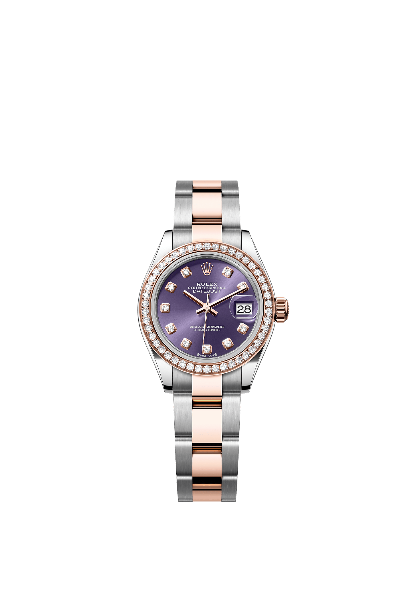 Lady-Datejust, Oyster, 28 mm, aço Oystersteel, ouro Everose e diamantes, undefined : Aubergine cravejado de diamantes, Rolex