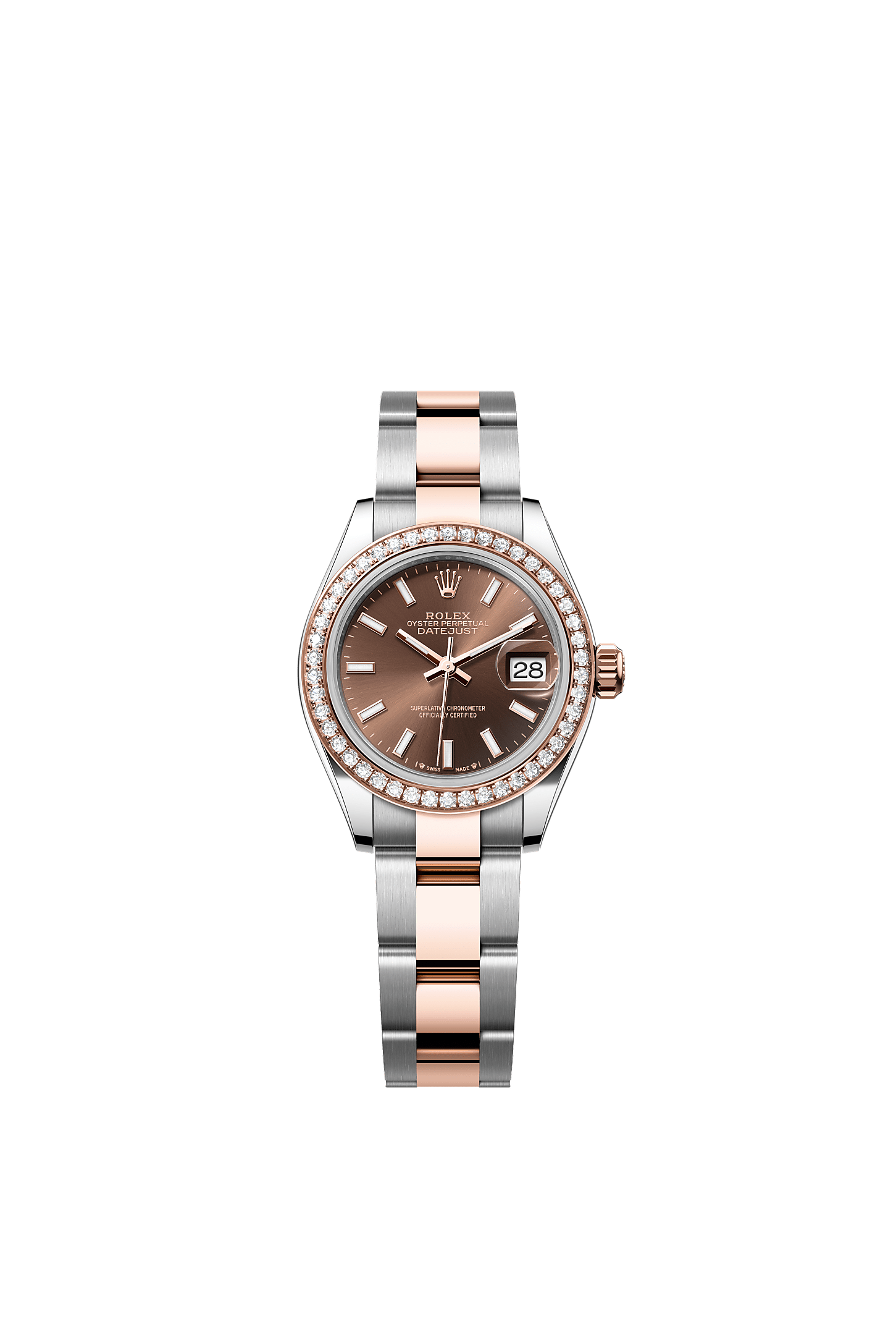 Lady-Datejust, Oyster, 28 mm, Oystersteel, Everose-goud en diamanten, Wijzerplaat : Chocoladebruin, Rolex