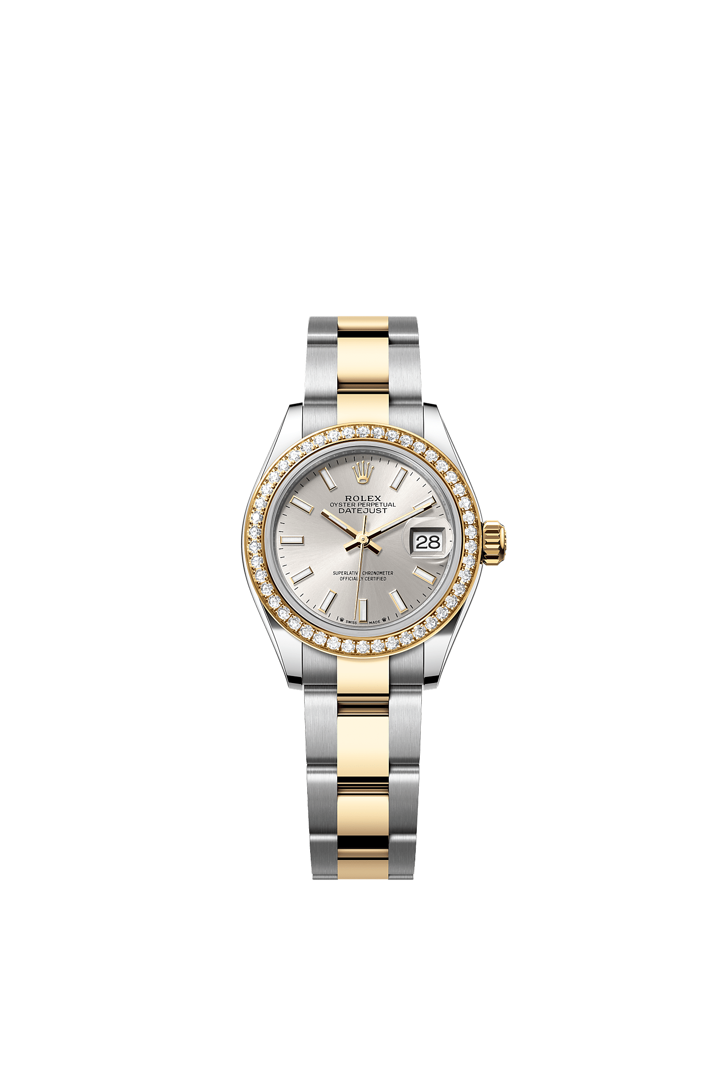 Lady-Datejust, Oyster, 28 mm, Oystersteel, yellow gold and diamonds, Dial : Silver, Rolex