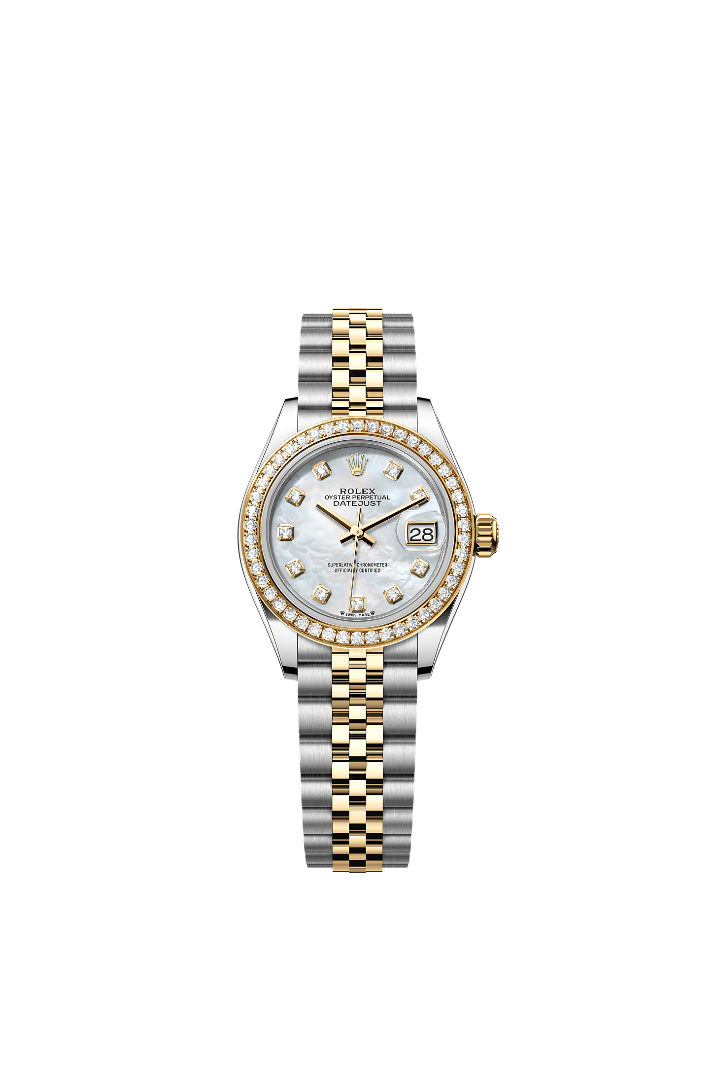 Lady-Datejust, Oyster, 28 mm, acciaio Oystersteel, oro giallo e diamanti, Quadrante : In madreperla bianca con diamanti, Rolex