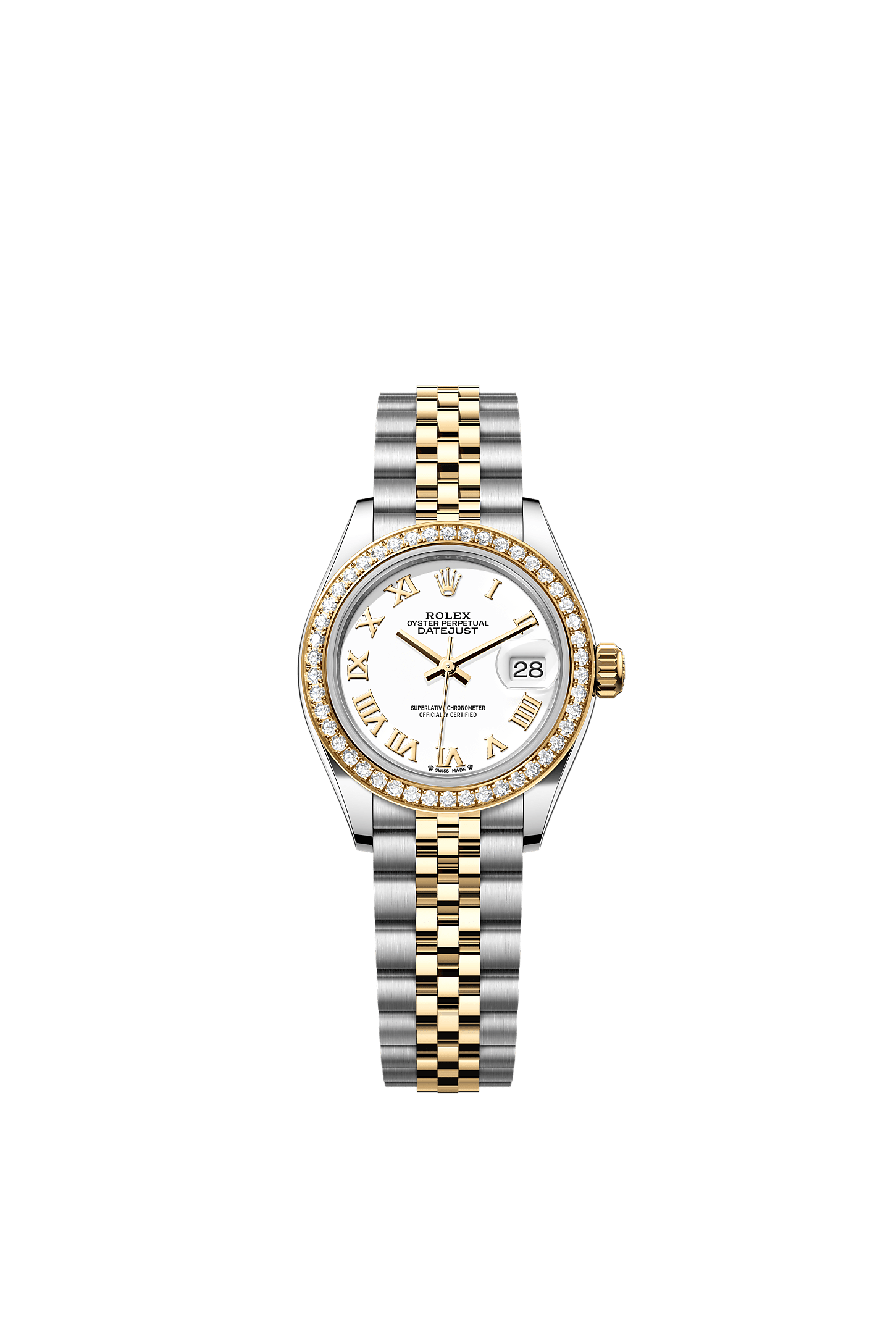 Lady-Datejust, 蠔式，28毫米，鑽石、黃金及蠔式鋼, 錶面 : 白色, Rolex