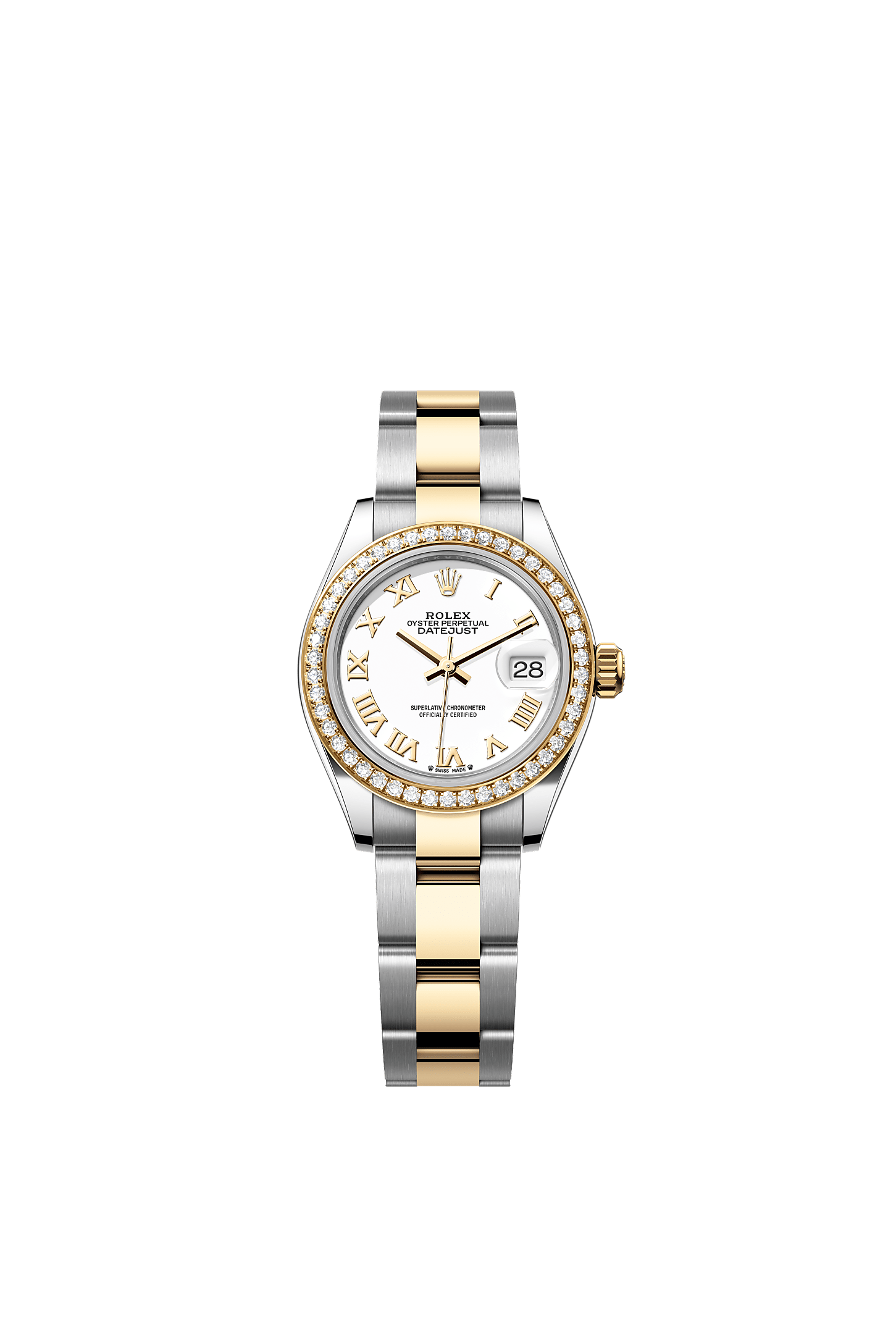 Lady-Datejust, Oyster, 28 mm, Oystersteel çelik, sarı altın ve pırlanta, Kadran : Beyaz, Rolex