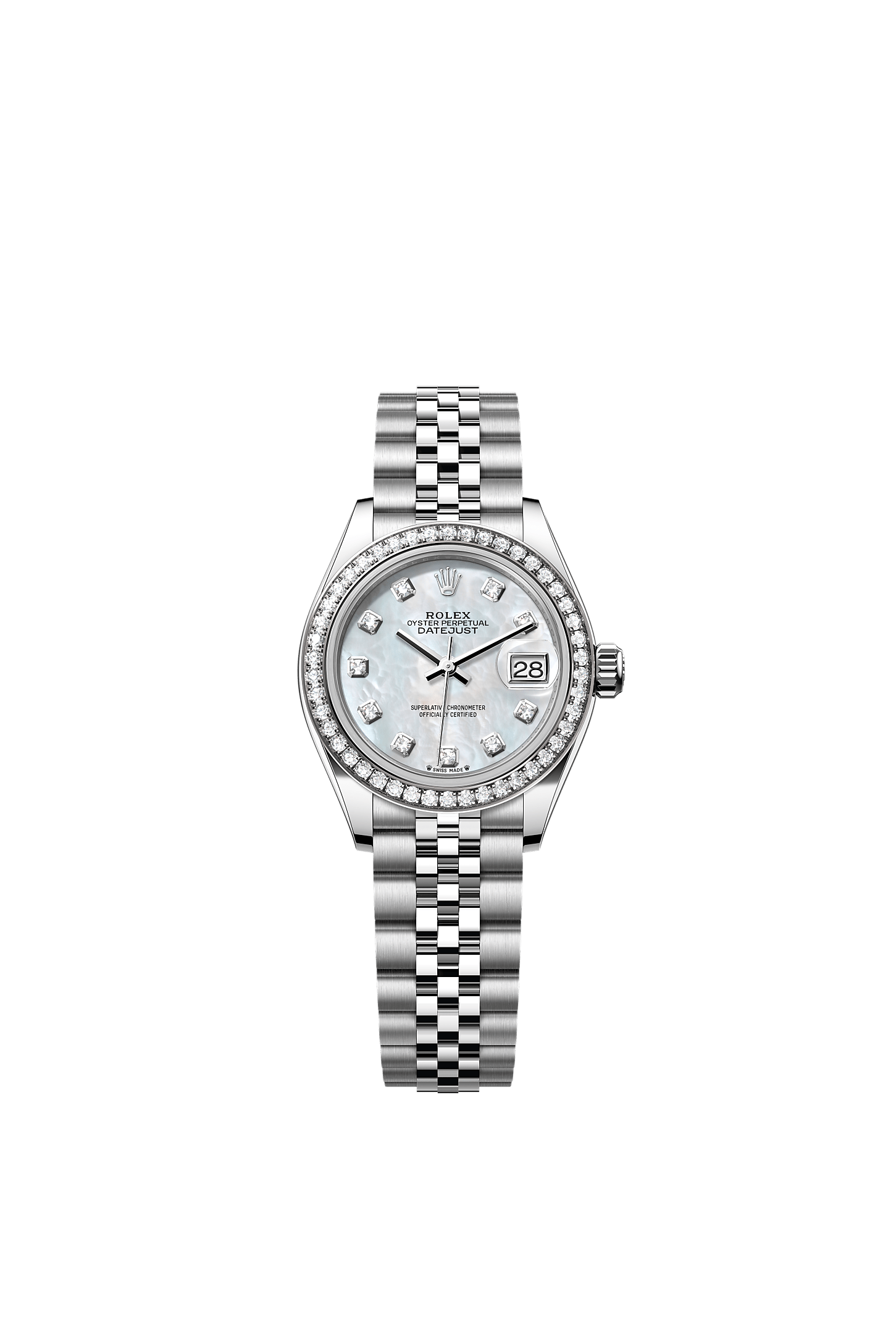 Lady-Datejust, Oyster, 28 mm, aço Oystersteel, ouro branco e diamantes, Mostrador : Madrepérola branca cravejado de diamantes, Rolex
