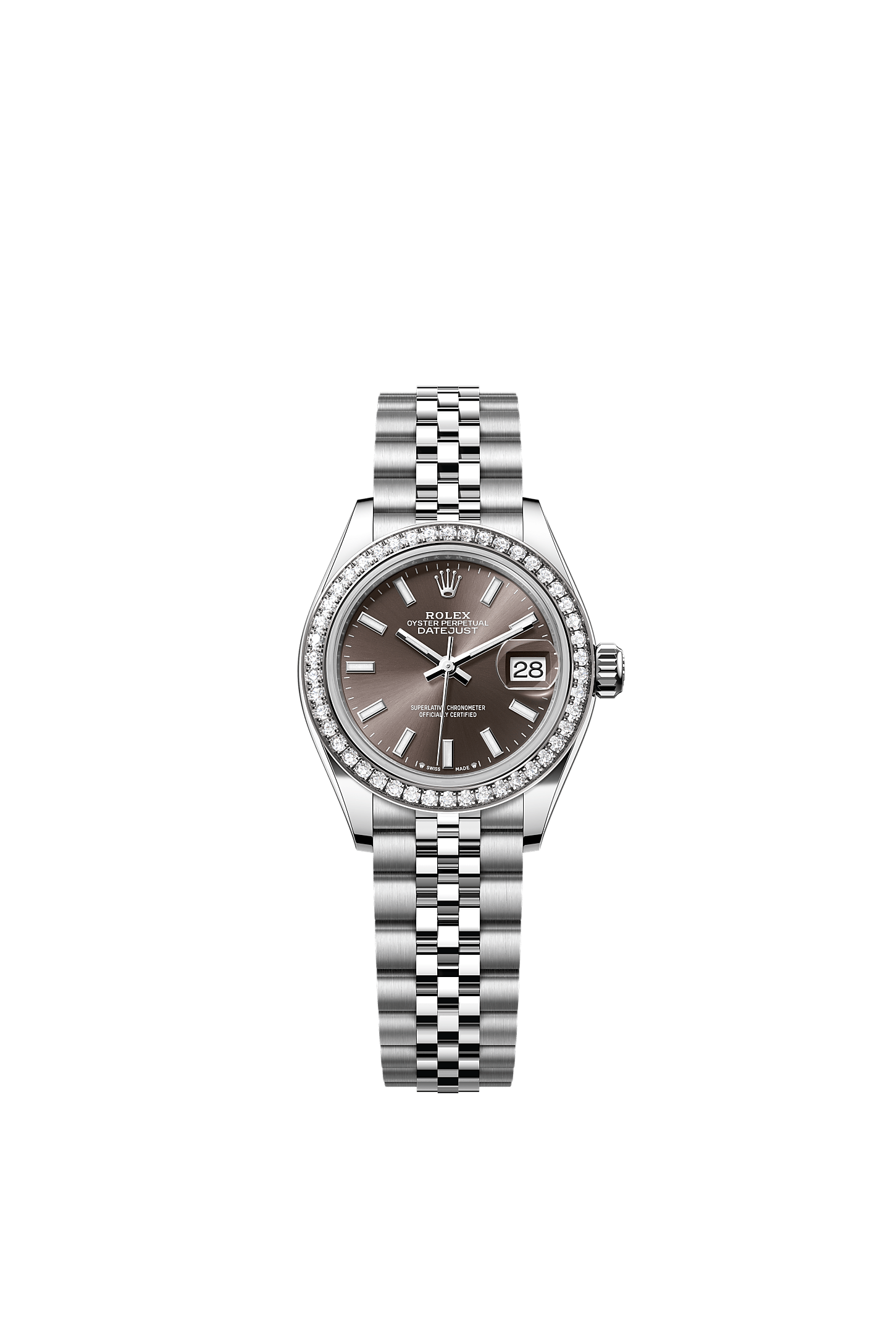 Lady-Datejust, Oyster, 28 mm, Oystersteel çelik, beyaz altın ve pırlanta, Kadran : Koyu gri, Rolex