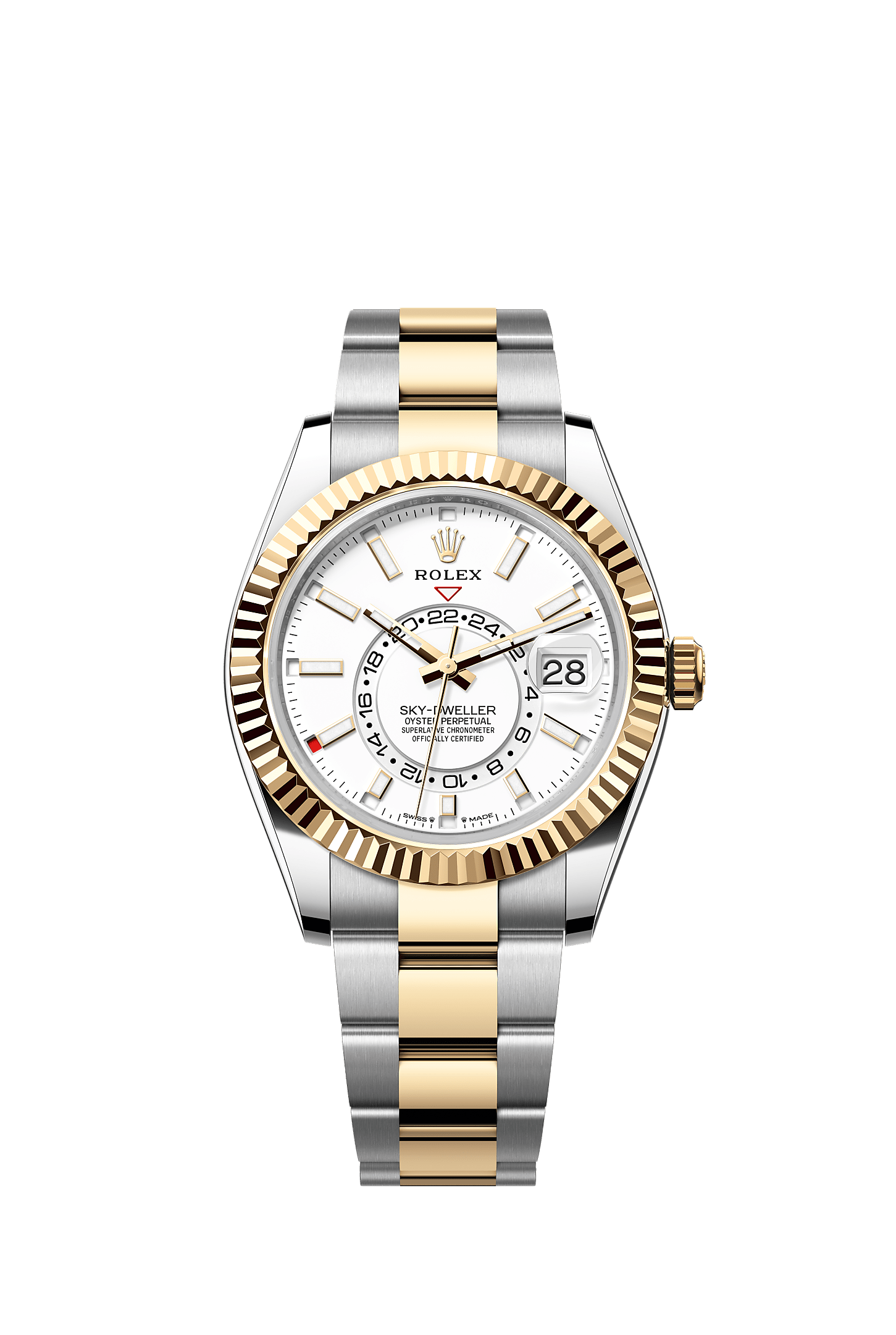 Sky-Dweller, Oyster, 42 mm, acero Oystersteel y oro amarillo, Esfera : Blanco intenso, Rolex