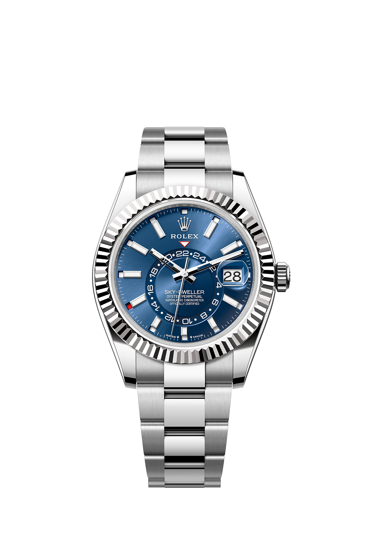 Sky-Dweller, Oyster, 42 mm, acero Oystersteel y oro blanco, Esfera : Azul vivo, Rolex
