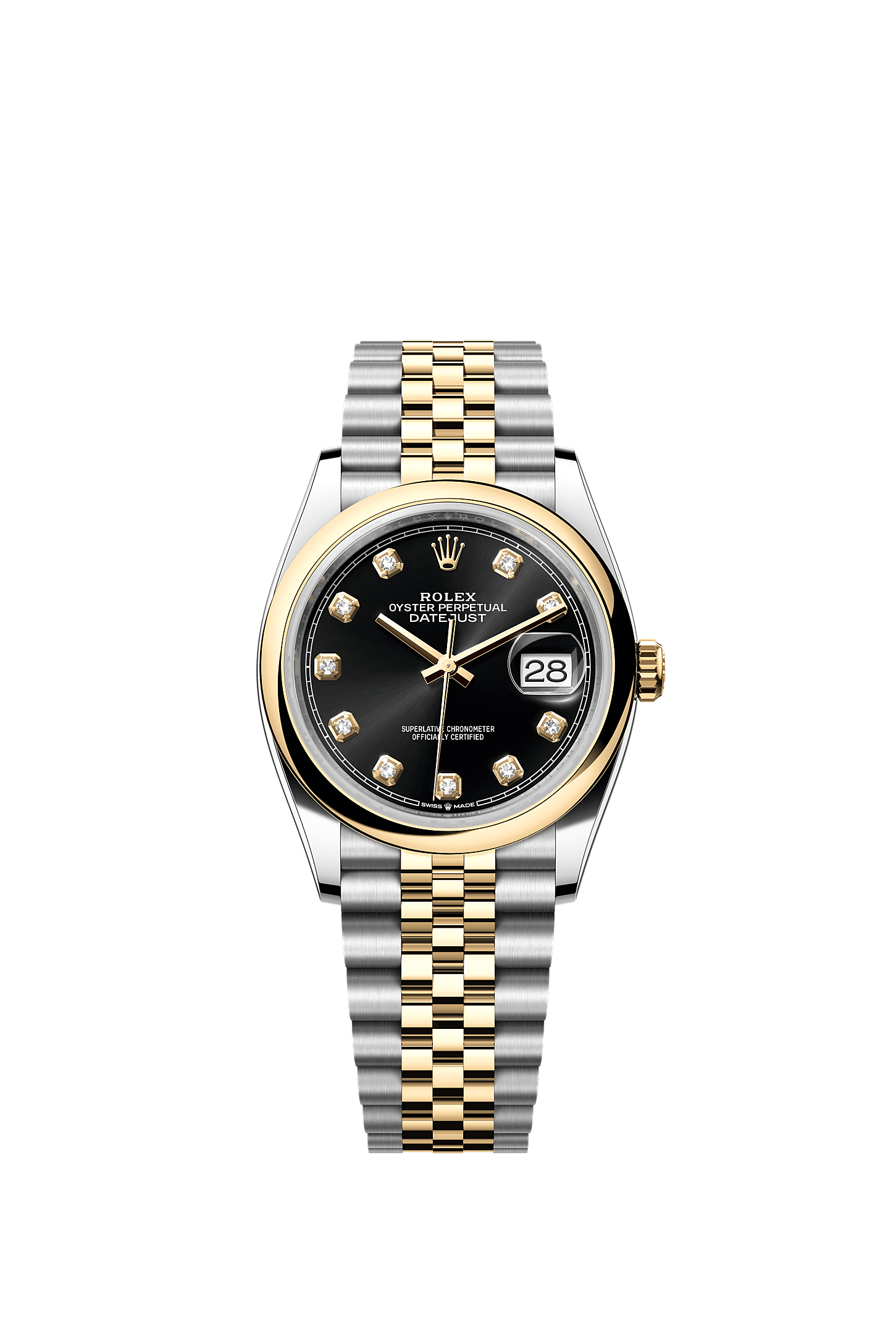 Datejust 36, Oyster, 36 mm, Oystersteel dan emas kuning, Dial : Tampilan hitam cerah dengan berlian, Rolex