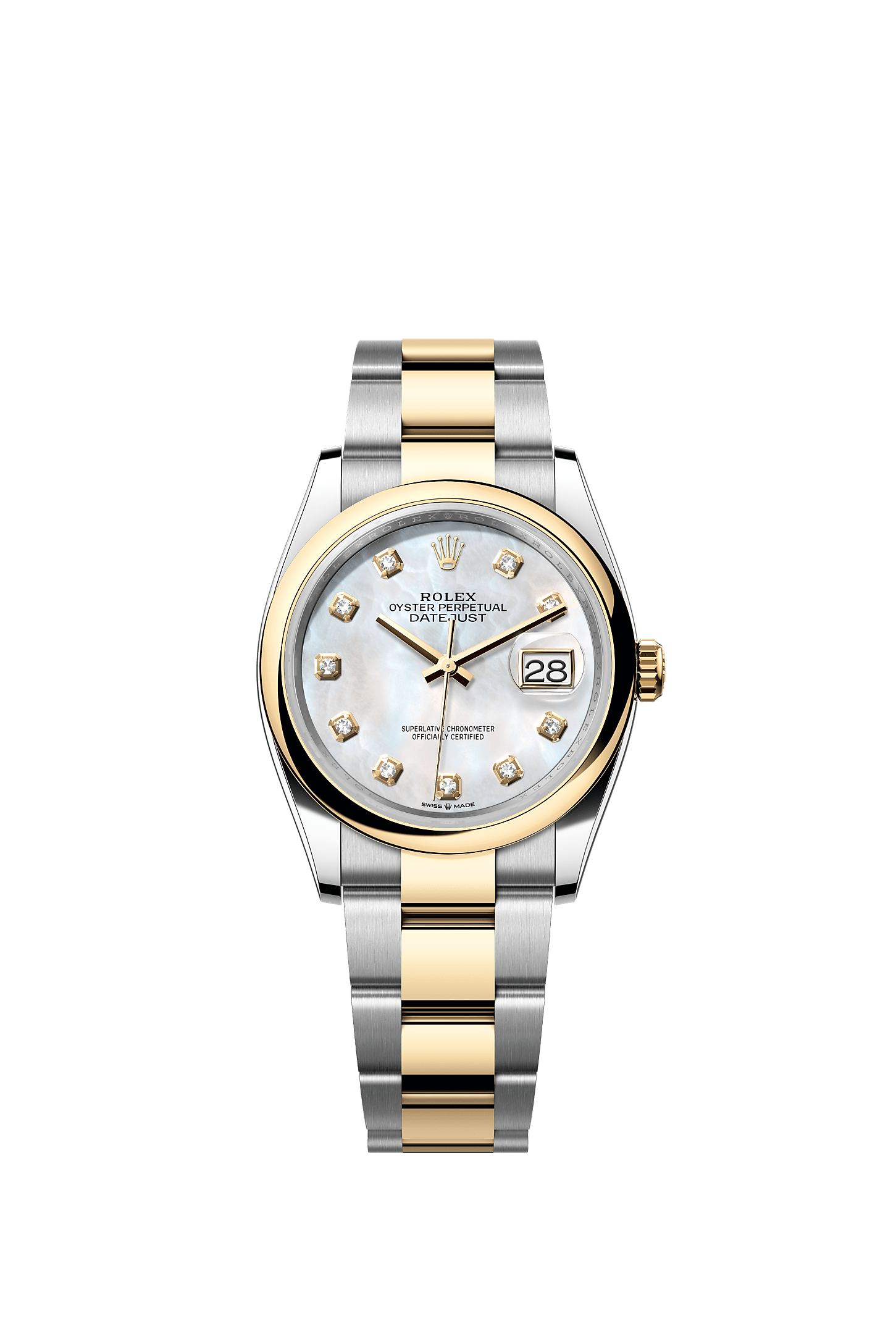 Datejust 36, Oyster, 36 mm, Oystersteel dan emas kuning, Permukaan : Mutiara tempurung putih bertatahkan berlian, Rolex
