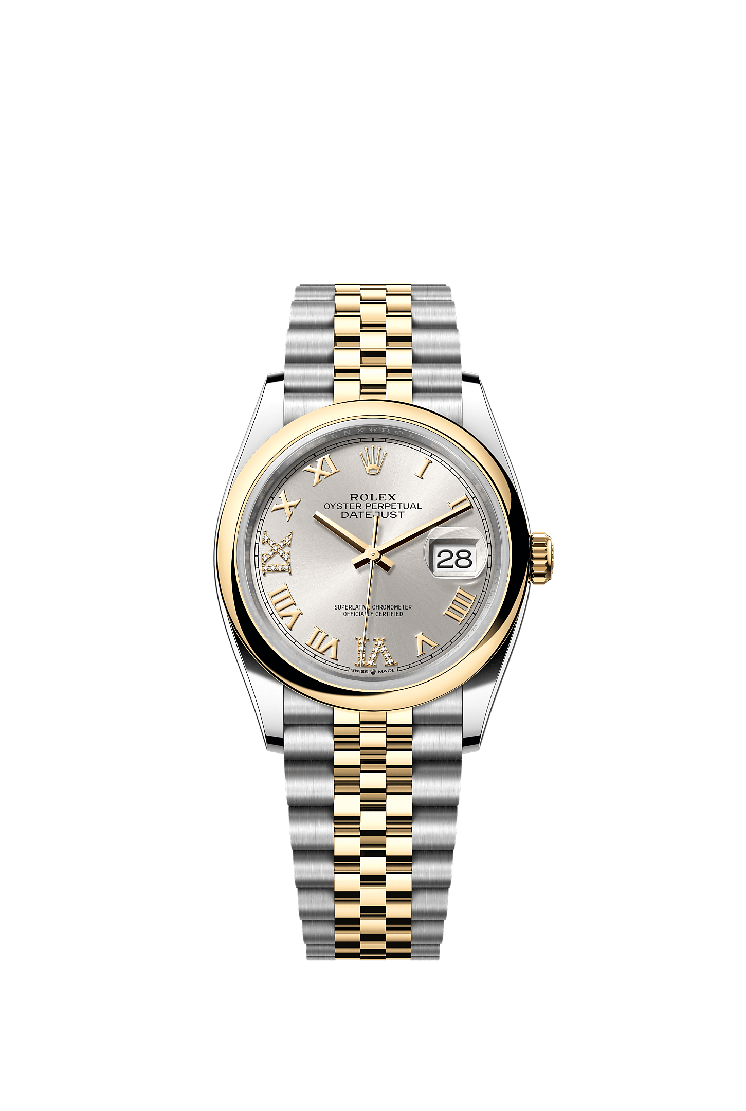 Datejust 36, Oyster, 36 mm, stal Oystersteel i żółte złoto, Tarcza : Srebrna, wysadzana brylantami, Rolex