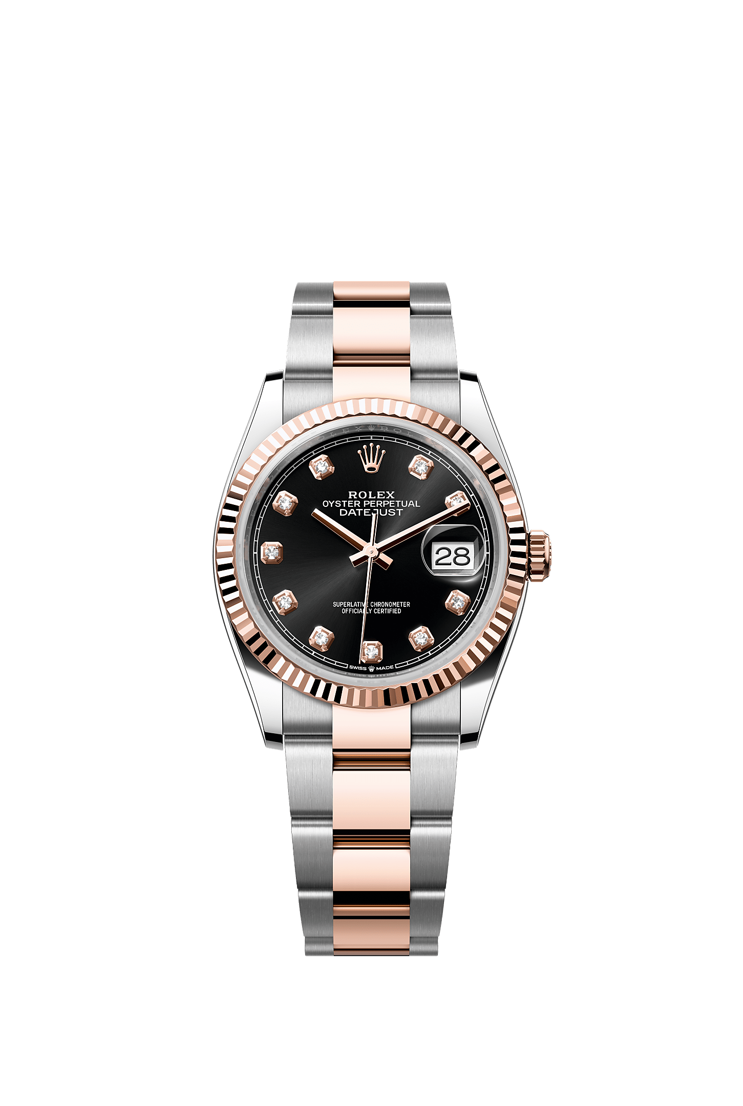 Datejust 36, Oyster, 36 mm, thép Oystersteel và vàng Everose, Mặt đồng hồ : Màu đen sáng nạm kim cương, Rolex